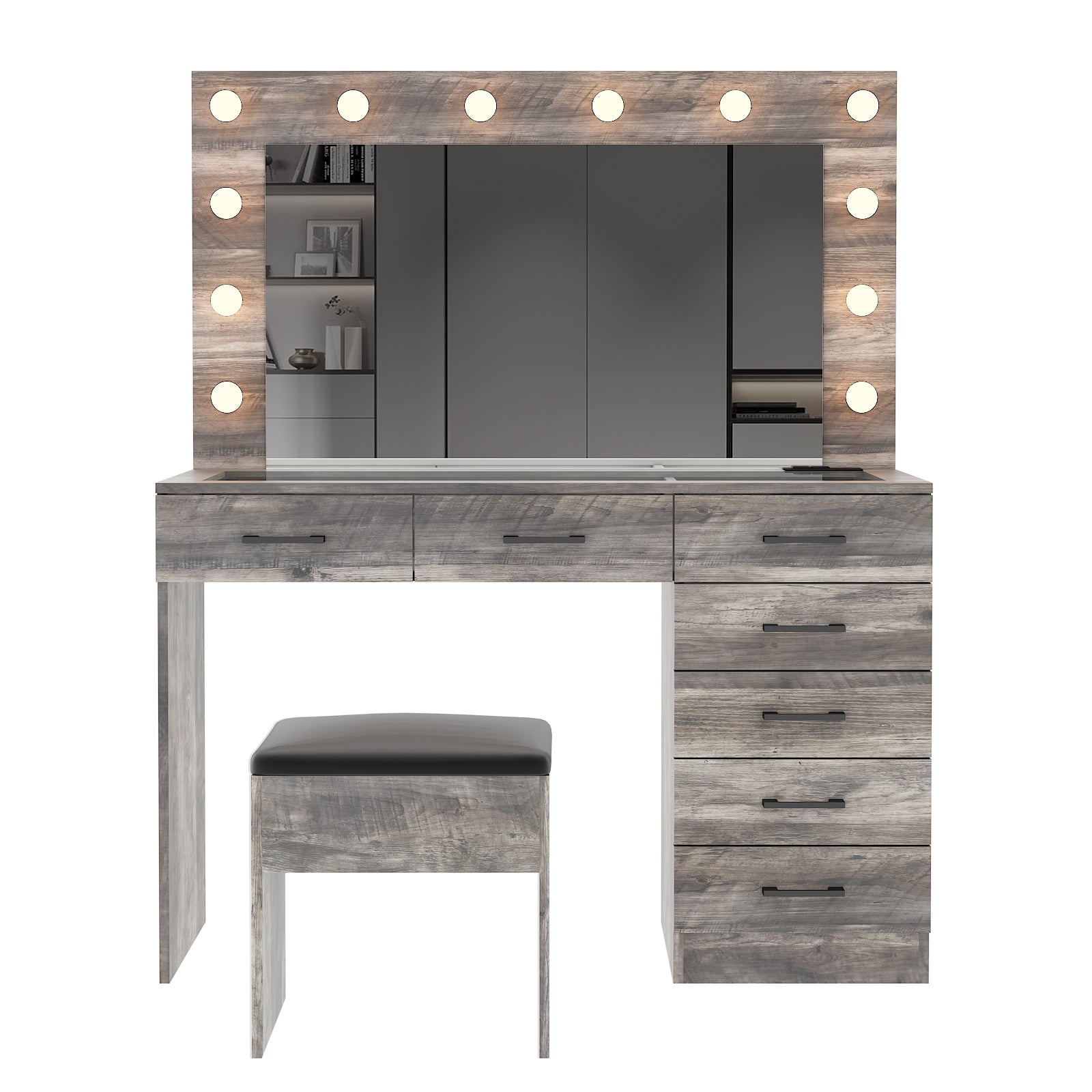 HAOYYE Vanity Desk Set with Large Lighted Mirror, Adjustable 12-LED Lighting in 3 Colors, Glass Top Makeup Vanity with 7 Spacious Drawers, Built-in Power Outlet, Grey Modern Vanity Table for Bedroom and Beauty Room