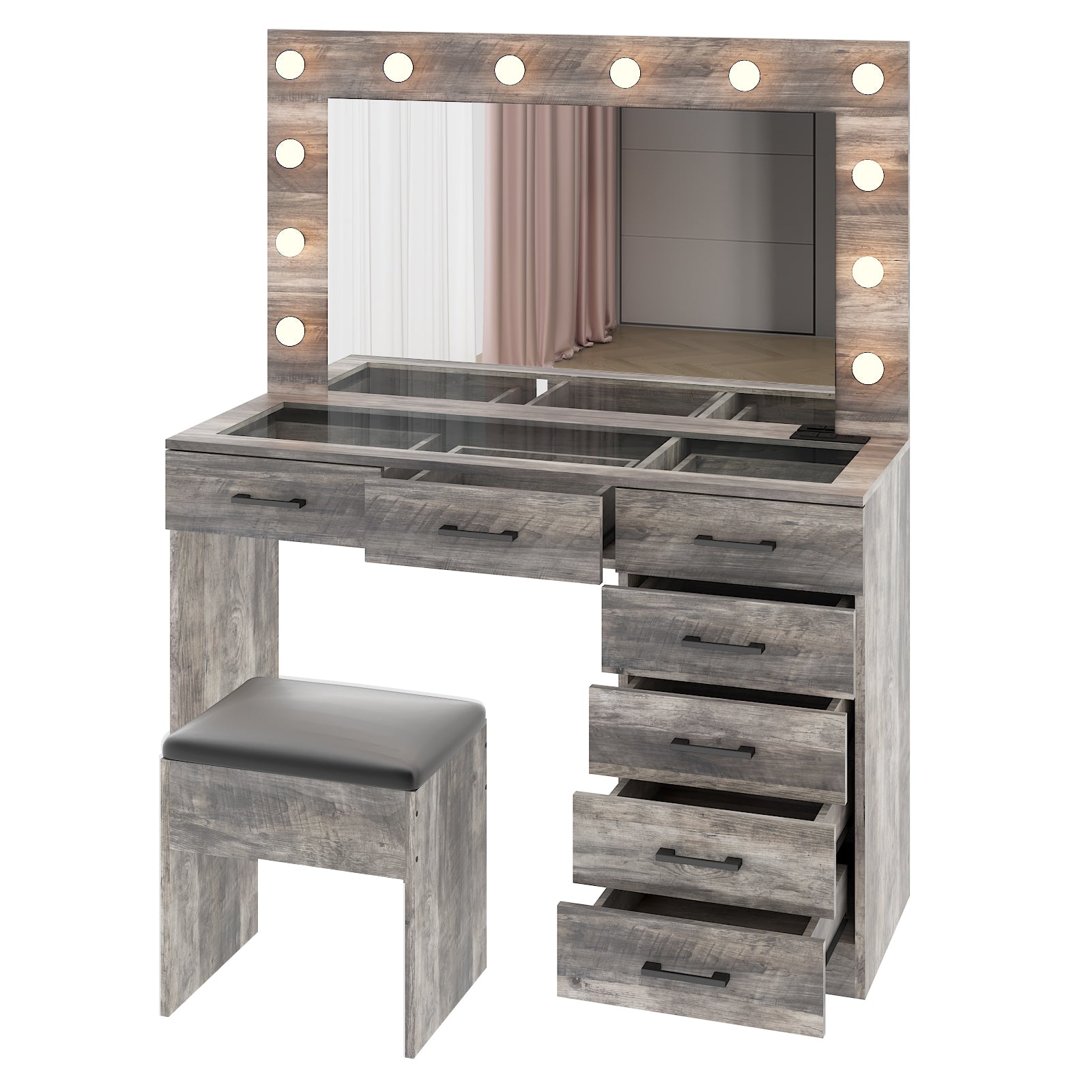 HAOYYE Vanity Desk Set with Large Lighted Mirror, Adjustable 12-LED Lighting in 3 Colors, Glass Top Makeup Vanity with 7 Spacious Drawers, Built-in Power Outlet, Grey Modern Vanity Table for Bedroom and Beauty Room