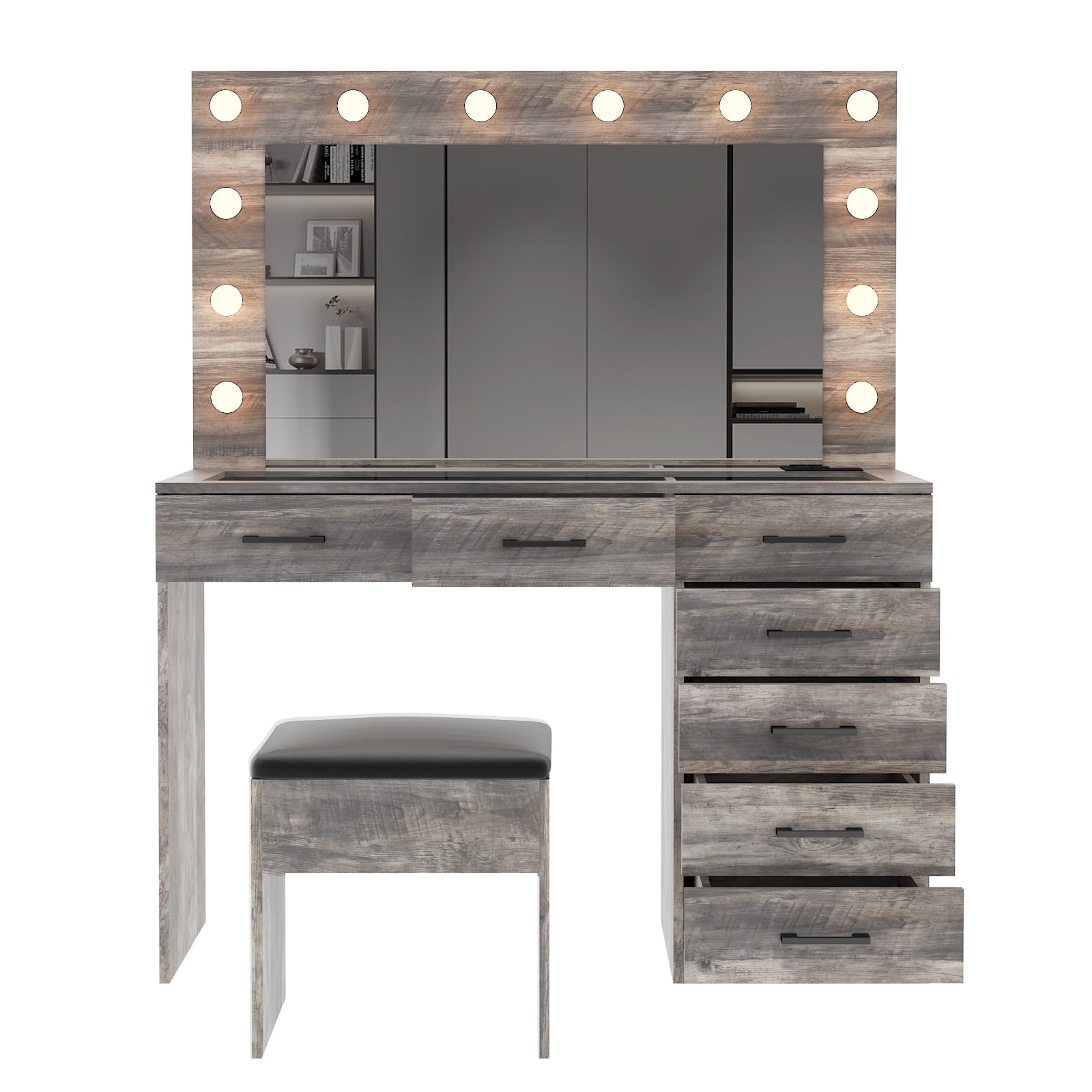 HAOYYE Vanity Desk Set with Large Lighted Mirror, Adjustable 12-LED Lighting in 3 Colors, Glass Top Makeup Vanity with 7 Spacious Drawers, Built-in Power Outlet, Grey Modern Vanity Table for Bedroom and Beauty Room