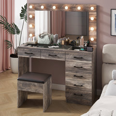 HAOYYE Vanity Desk Set with Large Lighted Mirror, Adjustable 12-LED Lighting in 3 Colors, Glass Top Makeup Vanity with 7 Spacious Drawers, Built-in Power Outlet, Grey Modern Vanity Table for Bedroom and Beauty Room