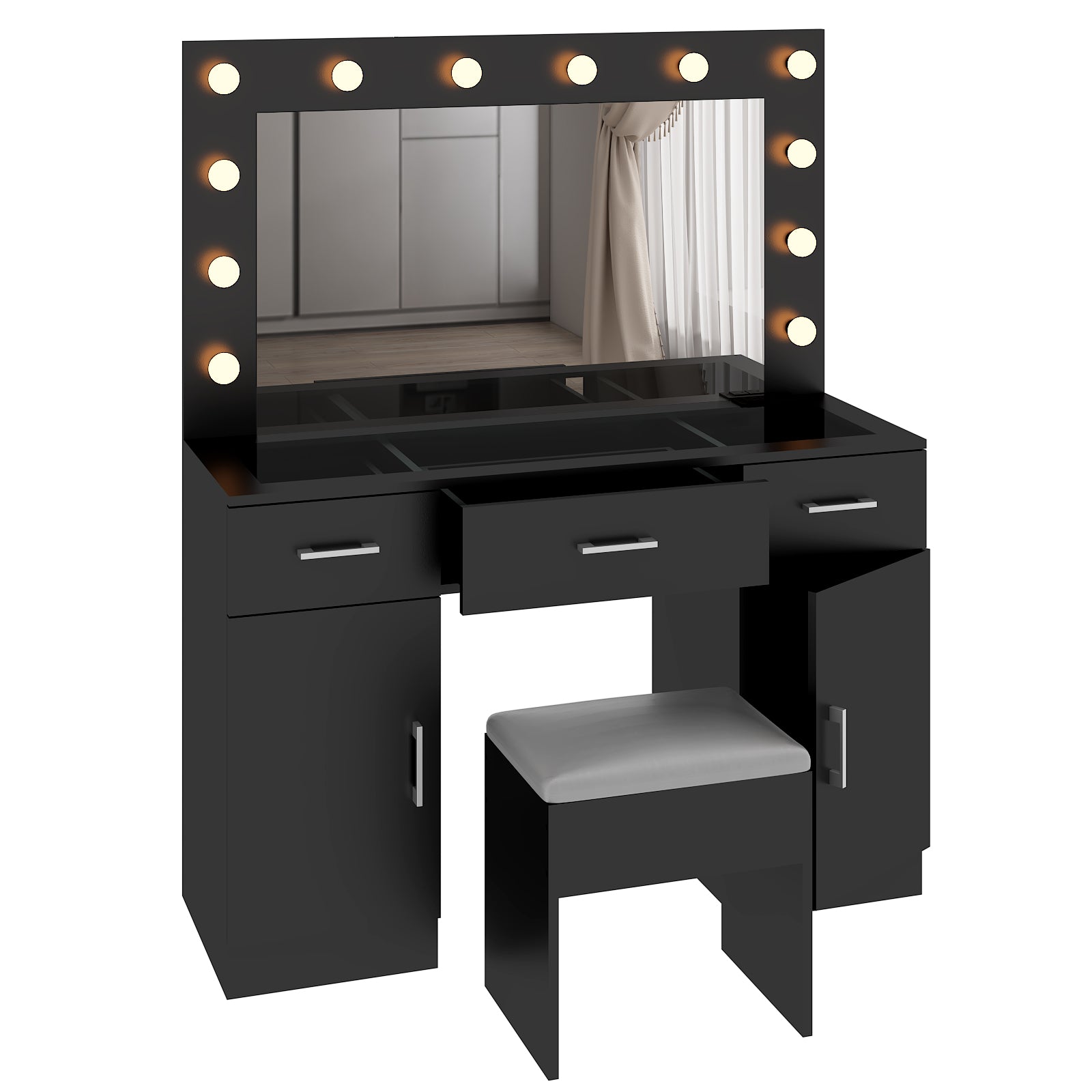 HAOYYE Makeup Vanity Desk with Lighted Mirror and Power Outlet, Glass Top Vanity Table Set with Storage Drawers and Cabinets, 12 LED Lights, Adjustable 3-Color Lighting, Modern Black Vanity Desk for Bedroom