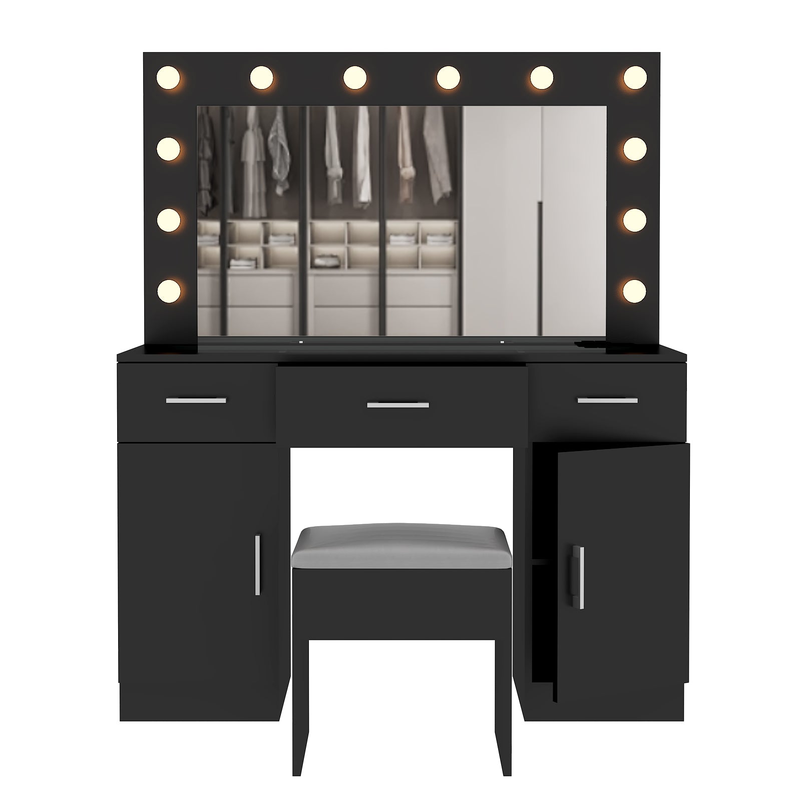 HAOYYE Makeup Vanity Desk with Lighted Mirror and Power Outlet, Glass Top Vanity Table Set with Storage Drawers and Cabinets, 12 LED Lights, Adjustable 3-Color Lighting, Modern Black Vanity Desk for Bedroom