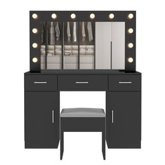 HAOYYE Makeup Vanity Desk with Lighted Mirror and Power Outlet, Glass Top Vanity Table Set with Storage Drawers and Cabinets, 12 LED Lights, Adjustable 3-Color Lighting, Modern Black Vanity Desk for Bedroom