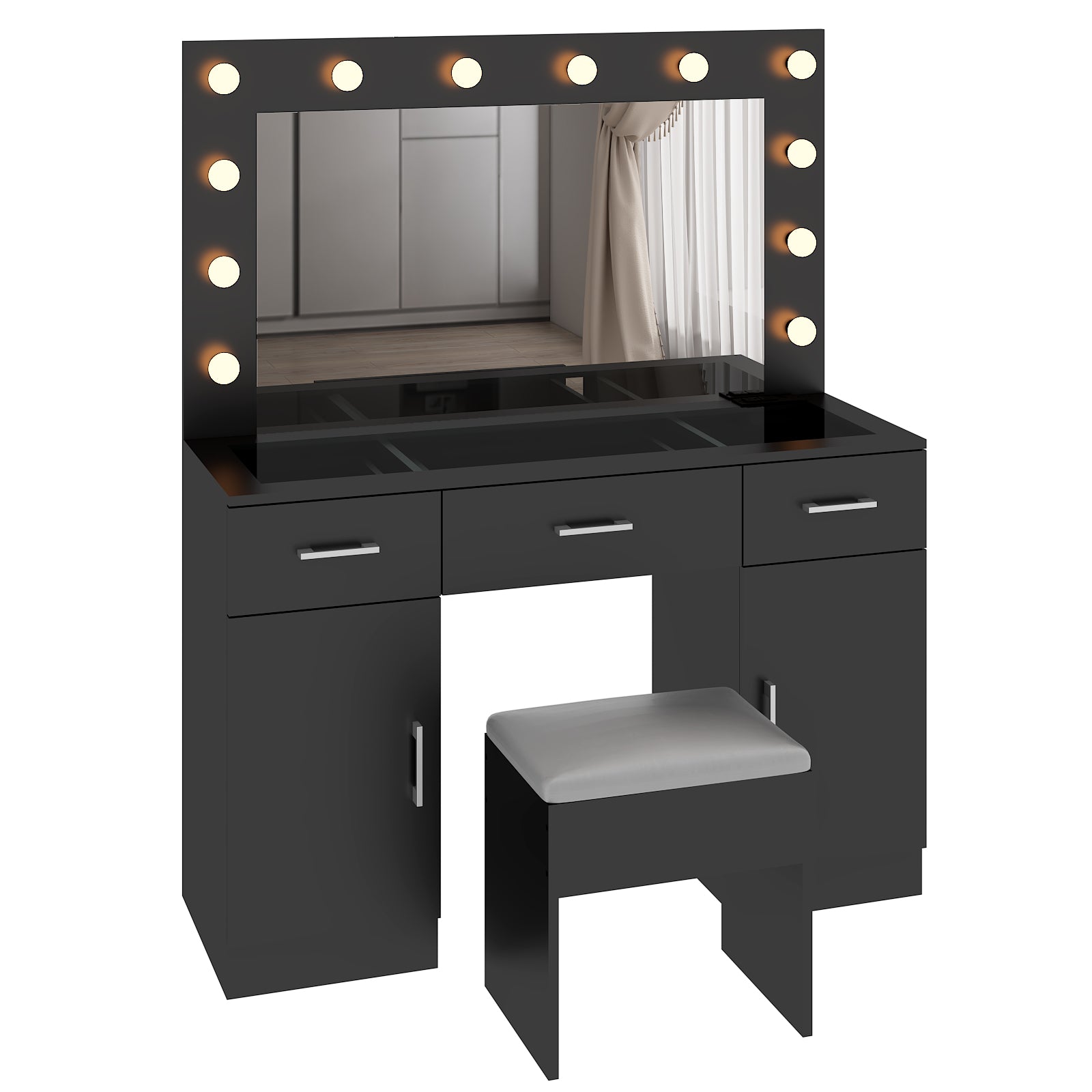HAOYYE Makeup Vanity Desk with Lighted Mirror and Power Outlet, Glass Top Vanity Table Set with Storage Drawers and Cabinets, 12 LED Lights, Adjustable 3-Color Lighting, Modern Black Vanity Desk for Bedroom