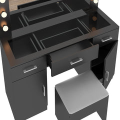 HAOYYE Makeup Vanity Desk with Lighted Mirror and Power Outlet, Glass Top Vanity Table Set with Storage Drawers and Cabinets, 12 LED Lights, Adjustable 3-Color Lighting, Modern Black Vanity Desk for Bedroom