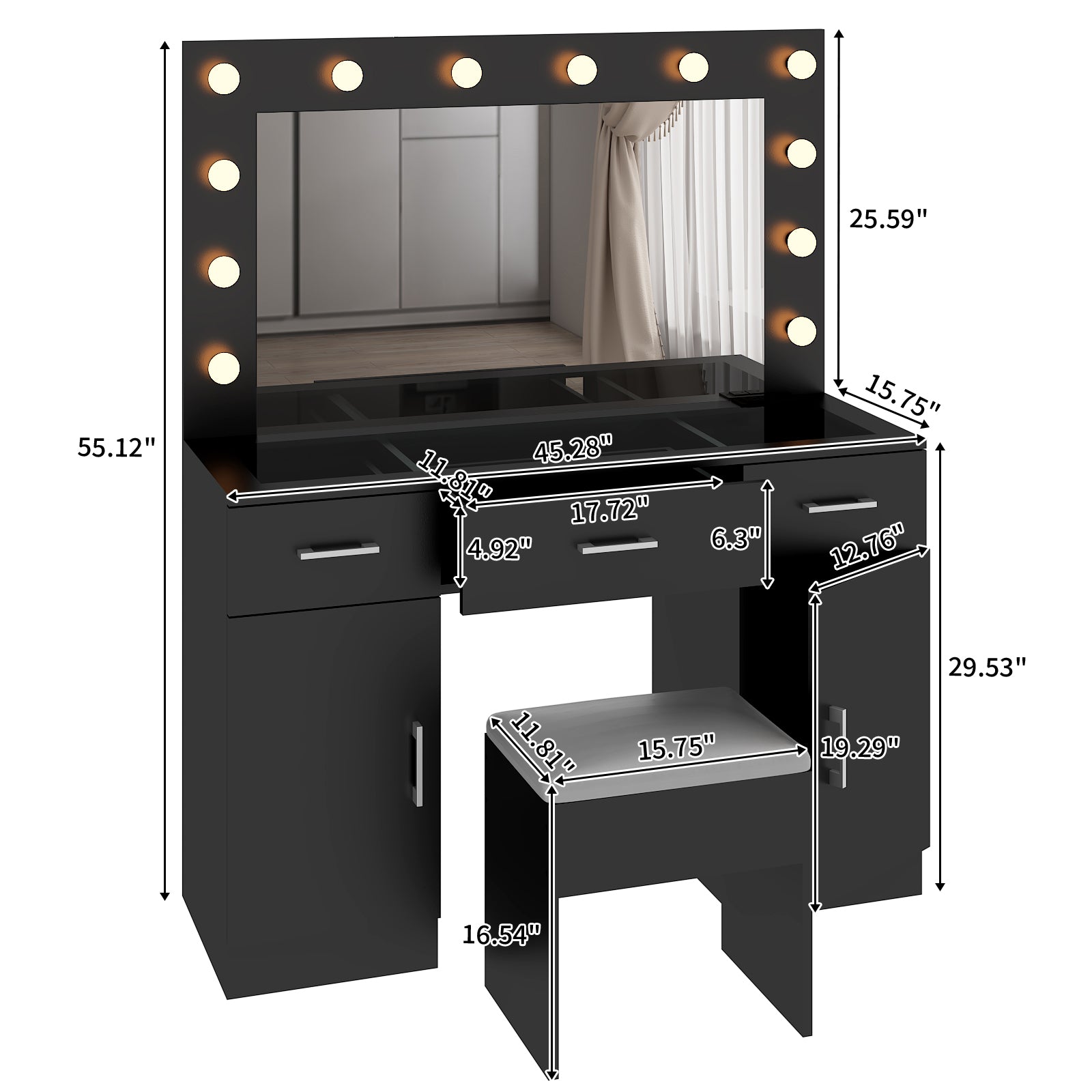 HAOYYE Makeup Vanity Desk with Lighted Mirror and Power Outlet, Glass Top Vanity Table Set with Storage Drawers and Cabinets, 12 LED Lights, Adjustable 3-Color Lighting, Modern Black Vanity Desk for Bedroom