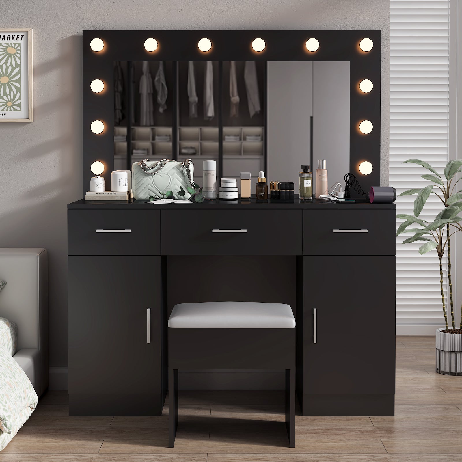 HAOYYE Makeup Vanity Desk with Lighted Mirror and Power Outlet, Glass Top Vanity Table Set with Storage Drawers and Cabinets, 12 LED Lights, Adjustable 3-Color Lighting, Modern Black Vanity Desk for Bedroom