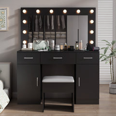 HAOYYE Makeup Vanity Desk with Lighted Mirror and Power Outlet, Glass Top Vanity Table Set with Storage Drawers and Cabinets, 12 LED Lights, Adjustable 3-Color Lighting, Modern Black Vanity Desk for Bedroom