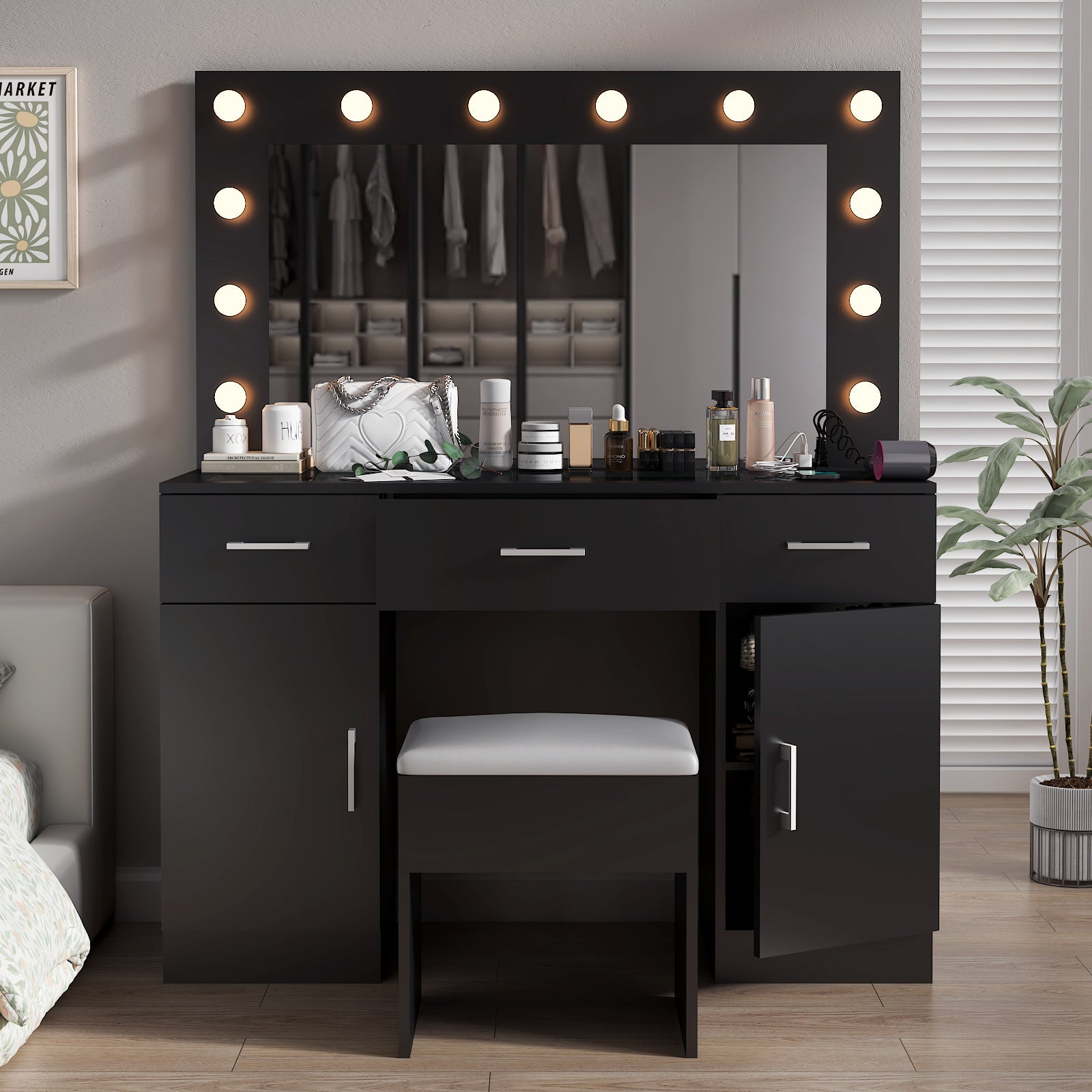 HAOYYE Makeup Vanity Desk with Lighted Mirror and Power Outlet, Glass Top Vanity Table Set with Storage Drawers and Cabinets, 12 LED Lights, Adjustable 3-Color Lighting, Modern Black Vanity Desk for Bedroom