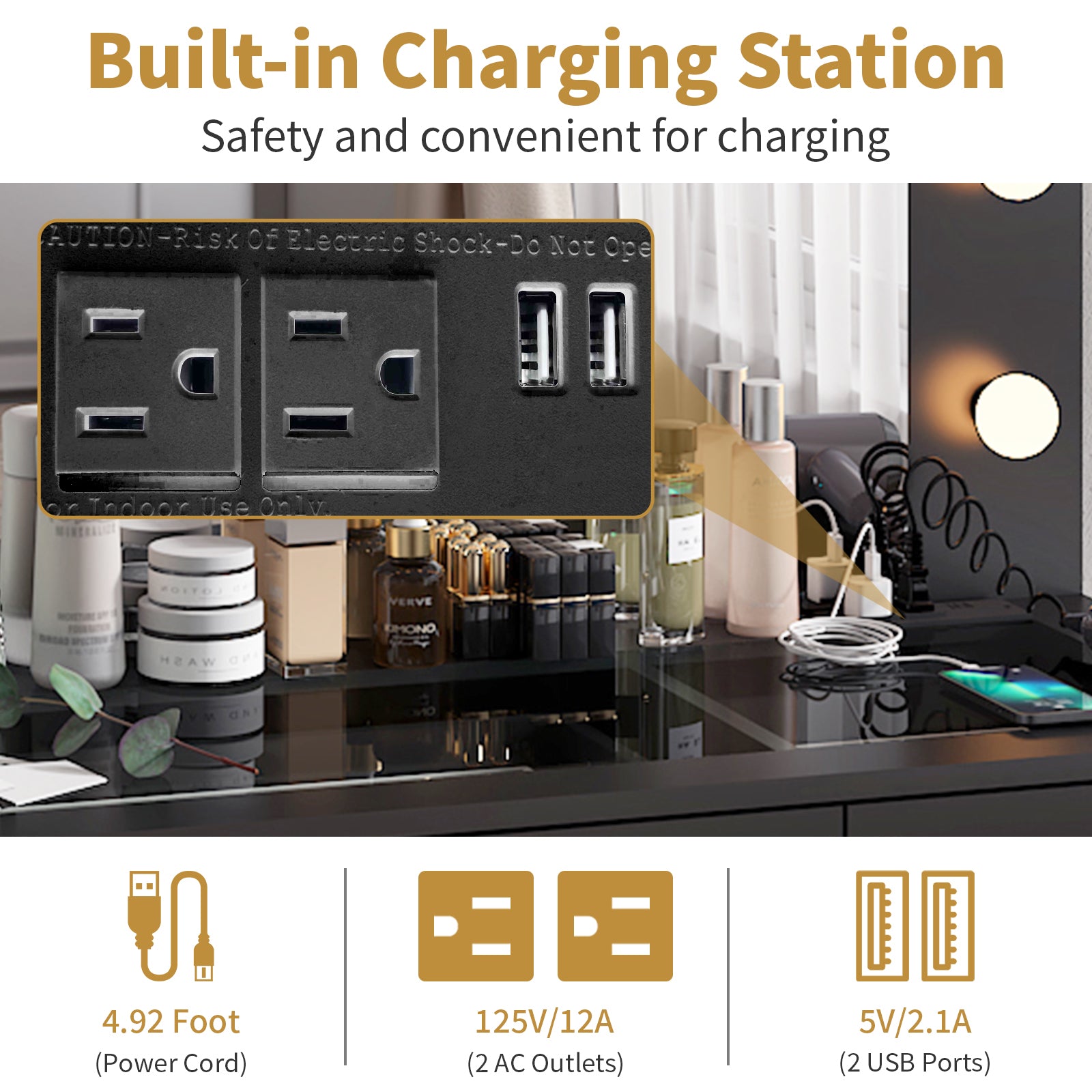 HAOYYE Makeup Vanity Desk with Lighted Mirror and Power Outlet, Glass Top Vanity Table Set with Storage Drawers and Cabinets, 12 LED Lights, Adjustable 3-Color Lighting, Modern Black Vanity Desk for Bedroom