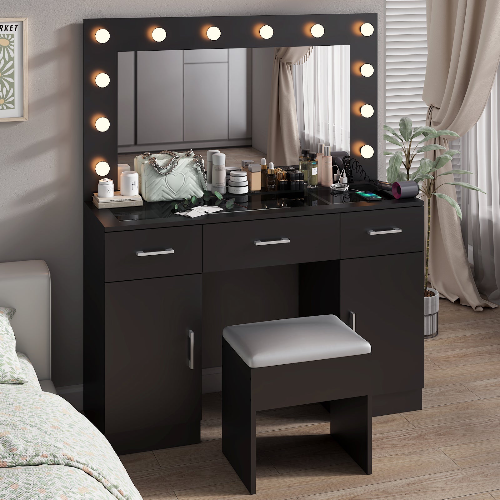 HAOYYE Makeup Vanity Desk with Lighted Mirror and Power Outlet, Glass Top Vanity Table Set with Storage Drawers and Cabinets, 12 LED Lights, Adjustable 3-Color Lighting, Modern Black Vanity Desk for Bedroom