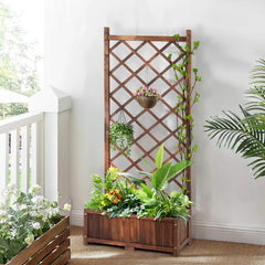 HAOYYE Wooden Raised Garden Bed with Trellis for Outdoor Use Freestanding Flower Planter Box with Lattice Panels and Drainage Holes Ideal for Patio Porch Balcony Backyard Gardening Display Brown