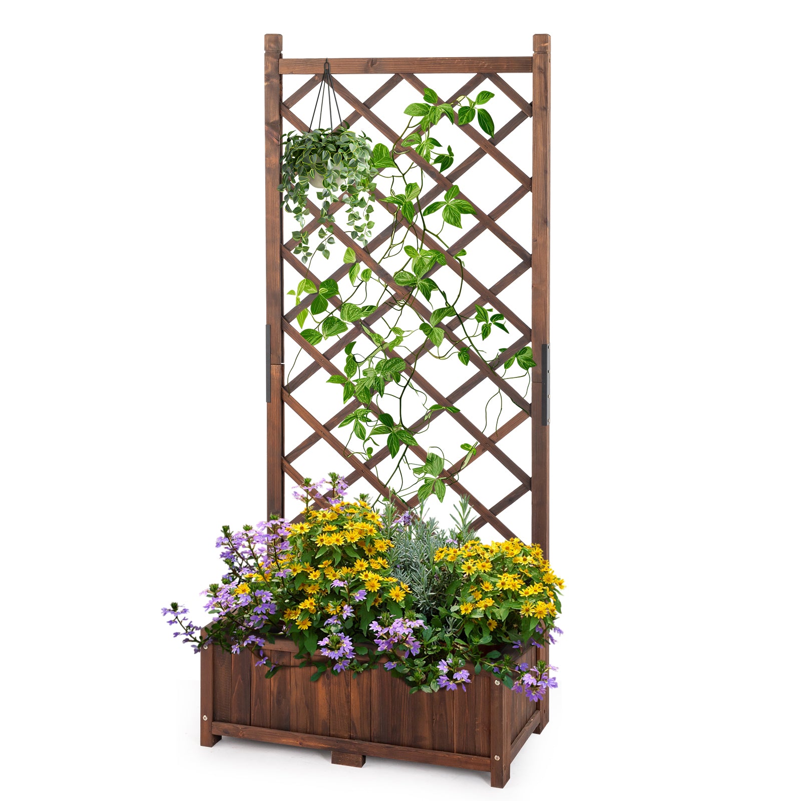 HAOYYE Wooden Raised Garden Bed with Trellis for Outdoor Use Freestanding Flower Planter Box with Lattice Panels and Drainage Holes Ideal for Patio Porch Balcony Backyard Gardening Display Brown