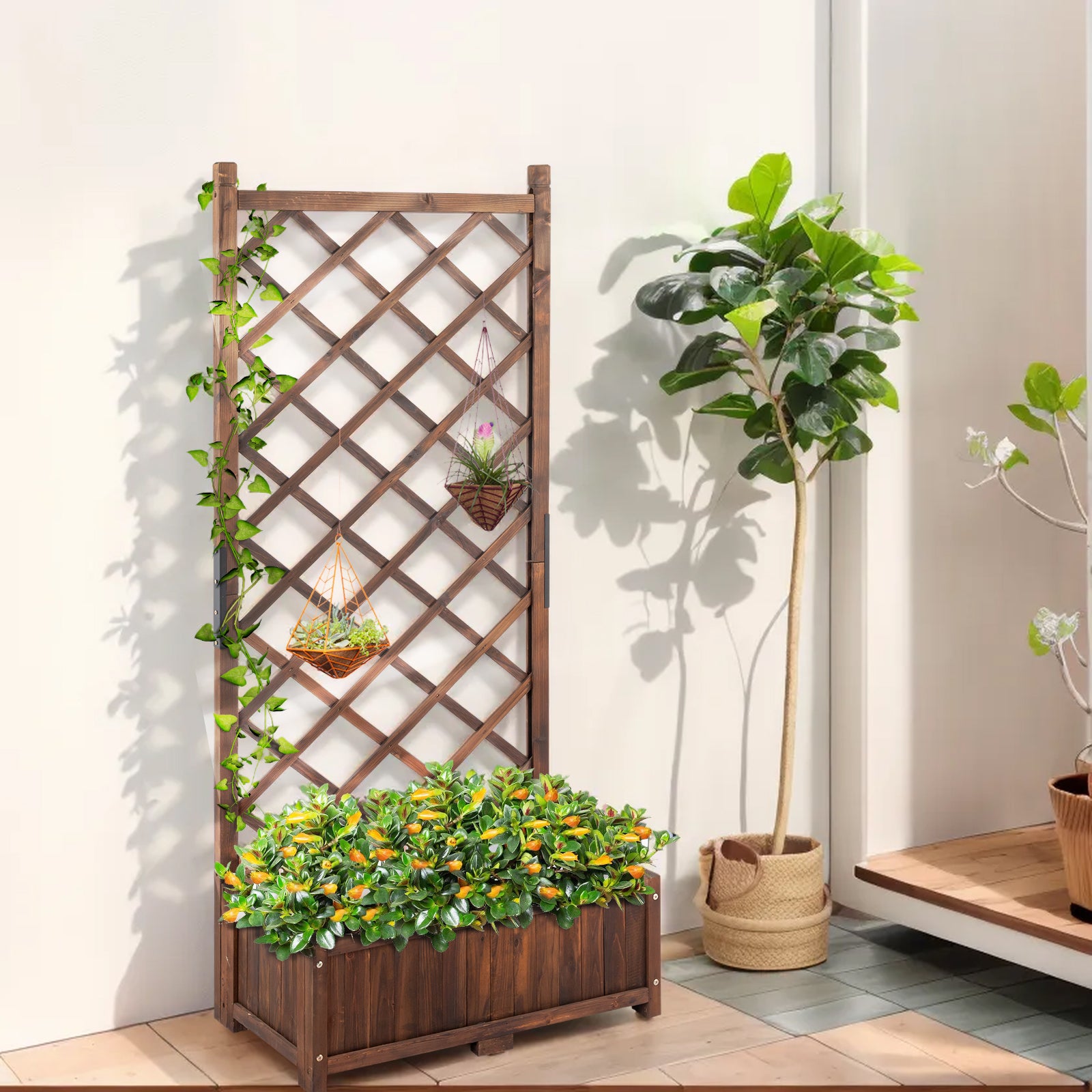 HAOYYE Wooden Raised Garden Bed with Trellis for Outdoor Use Freestanding Flower Planter Box with Lattice Panels and Drainage Holes Ideal for Patio Porch Balcony Backyard Gardening Display Brown