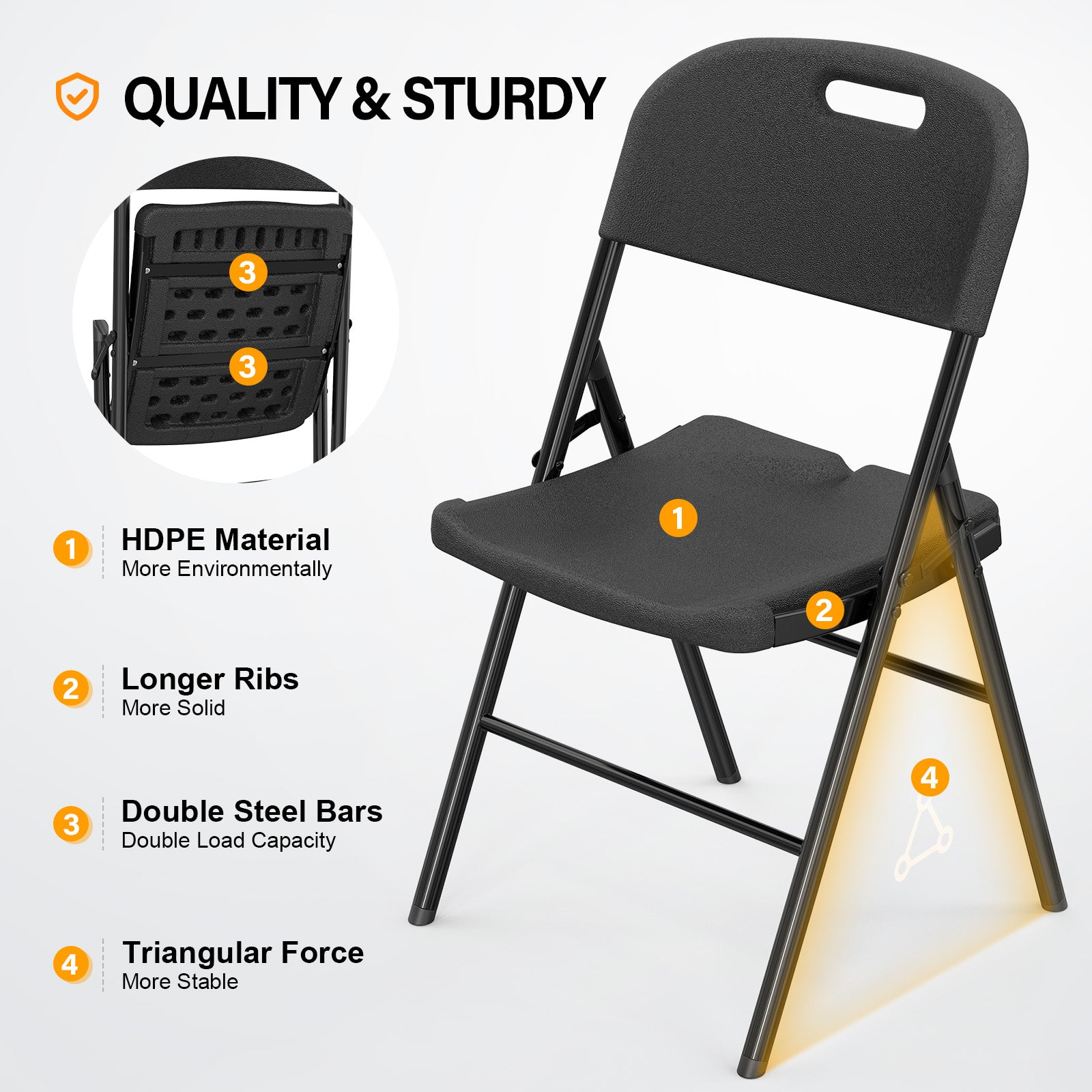 HAOYYE 4 Pack Plastic Folding Chairs with 440-Pound Capacity, Commercial Grade and Durable Design, Portable Chairs for Office, Events, Weddings, Parties, Picnics, Dining, Black, Comfortable and Versatile Seating Solution
