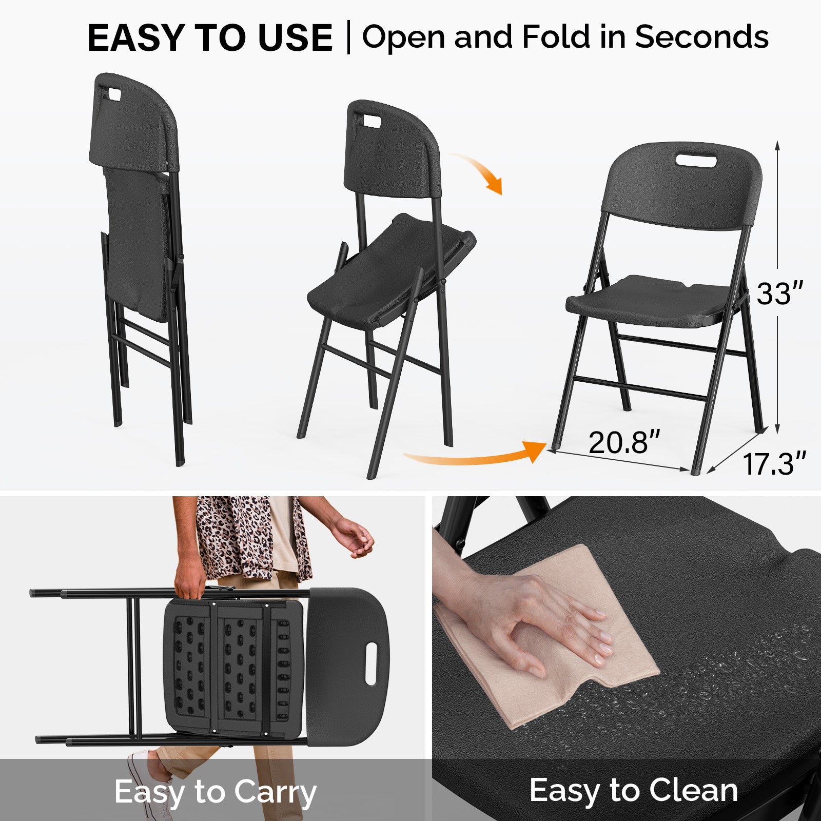 HAOYYE 4 Pack Plastic Folding Chairs with 440-Pound Capacity, Commercial Grade and Durable Design, Portable Chairs for Office, Events, Weddings, Parties, Picnics, Dining, Black, Comfortable and Versatile Seating Solution
