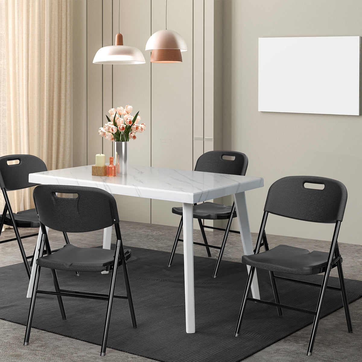 HAOYYE 4 Pack Plastic Folding Chairs with 440-Pound Capacity, Commercial Grade and Durable Design, Portable Chairs for Office, Events, Weddings, Parties, Picnics, Dining, Black, Comfortable and Versatile Seating Solution