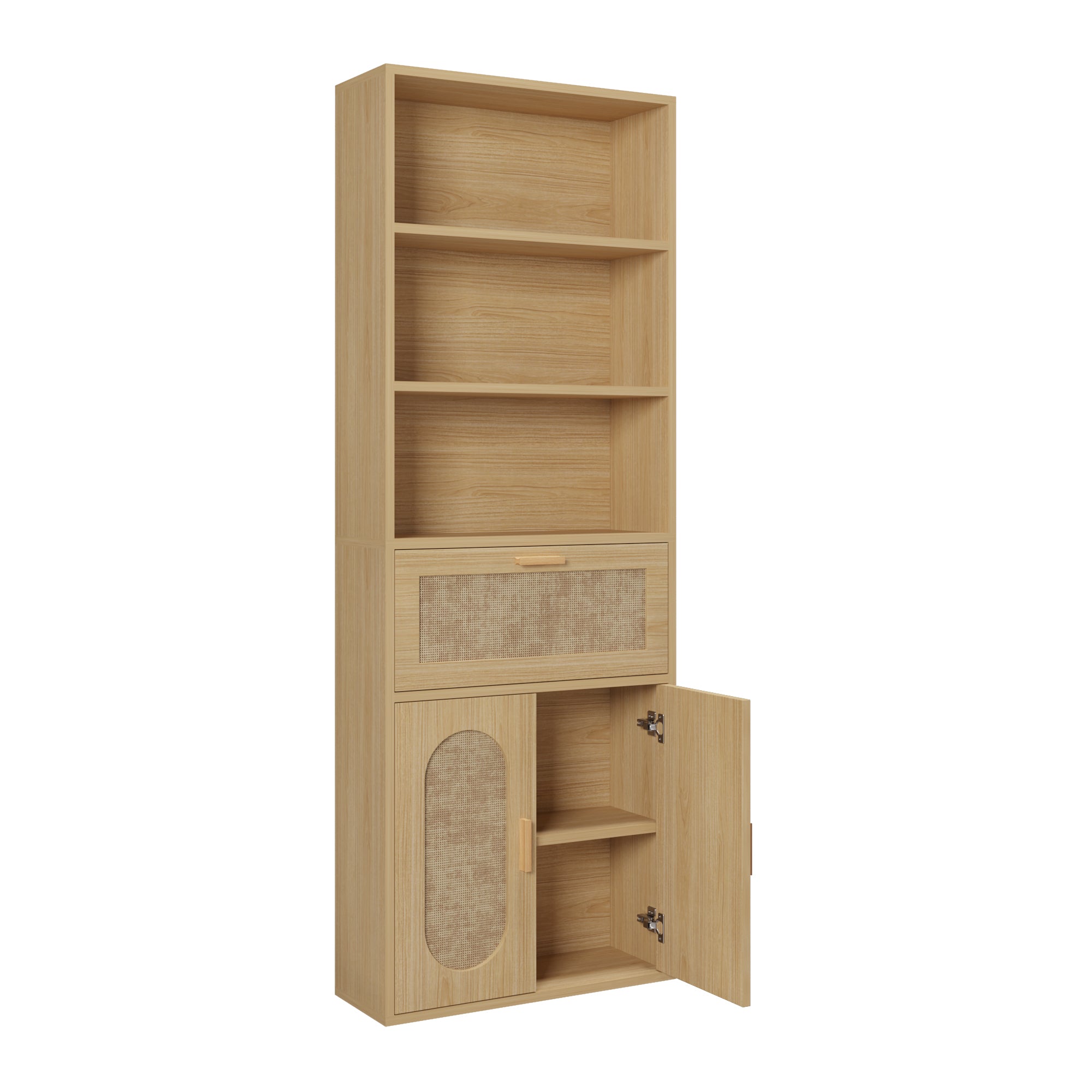 HAOYYE 3-Layer 1-Drawer Display Cabinet, Double Door Rattan Surface, Triamcinol Board, Original Wood Color, Soft Cozy Flannel Fleece, Modern Home Decor, Luxury Storage Cabinet, Unique Design For Living Room, Bedroom, Or Office