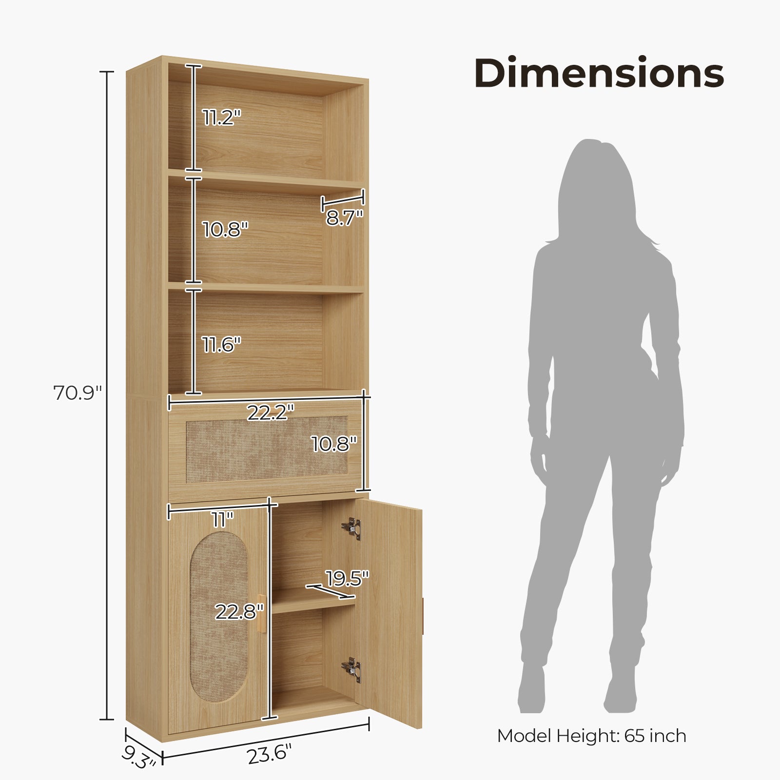 HAOYYE 3-Layer 1-Drawer Display Cabinet, Double Door Rattan Surface, Triamcinol Board, Original Wood Color, Soft Cozy Flannel Fleece, Modern Home Decor, Luxury Storage Cabinet, Unique Design For Living Room, Bedroom, Or Office