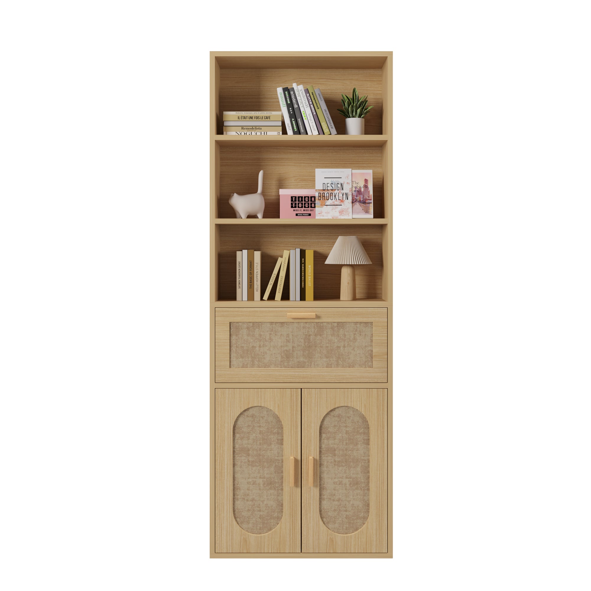 HAOYYE 3-Layer 1-Drawer Display Cabinet, Double Door Rattan Surface, Triamcinol Board, Original Wood Color, Soft Cozy Flannel Fleece, Modern Home Decor, Luxury Storage Cabinet, Unique Design For Living Room, Bedroom, Or Office