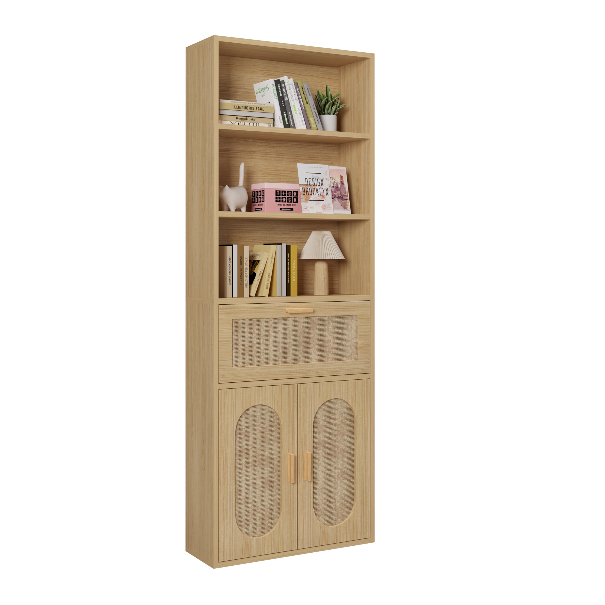 HAOYYE 3-Layer 1-Drawer Display Cabinet, Double Door Rattan Surface, Triamcinol Board, Original Wood Color, Soft Cozy Flannel Fleece, Modern Home Decor, Luxury Storage Cabinet, Unique Design For Living Room, Bedroom, Or Office