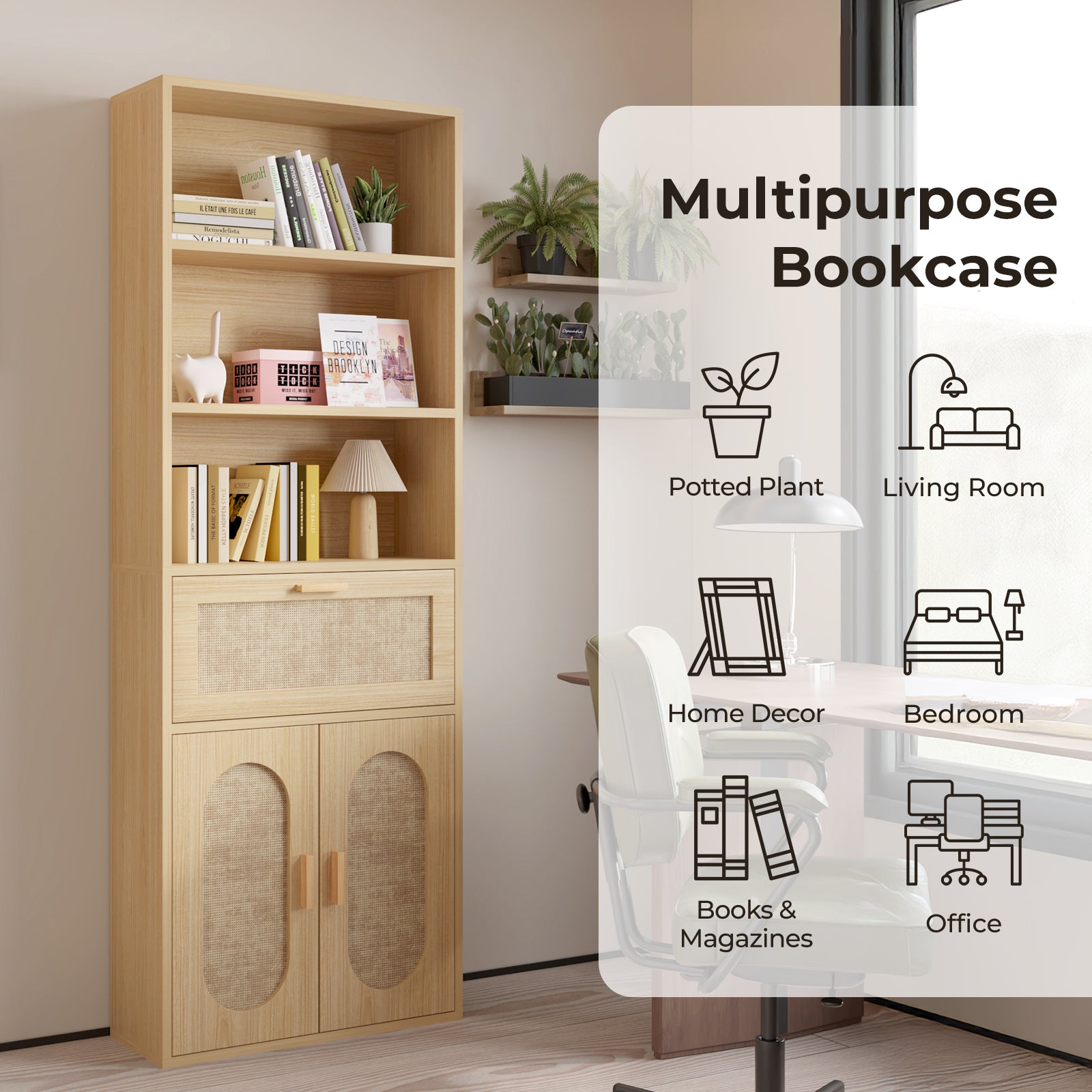 HAOYYE 3-Layer 1-Drawer Display Cabinet, Double Door Rattan Surface, Triamcinol Board, Original Wood Color, Soft Cozy Flannel Fleece, Modern Home Decor, Luxury Storage Cabinet, Unique Design For Living Room, Bedroom, Or Office