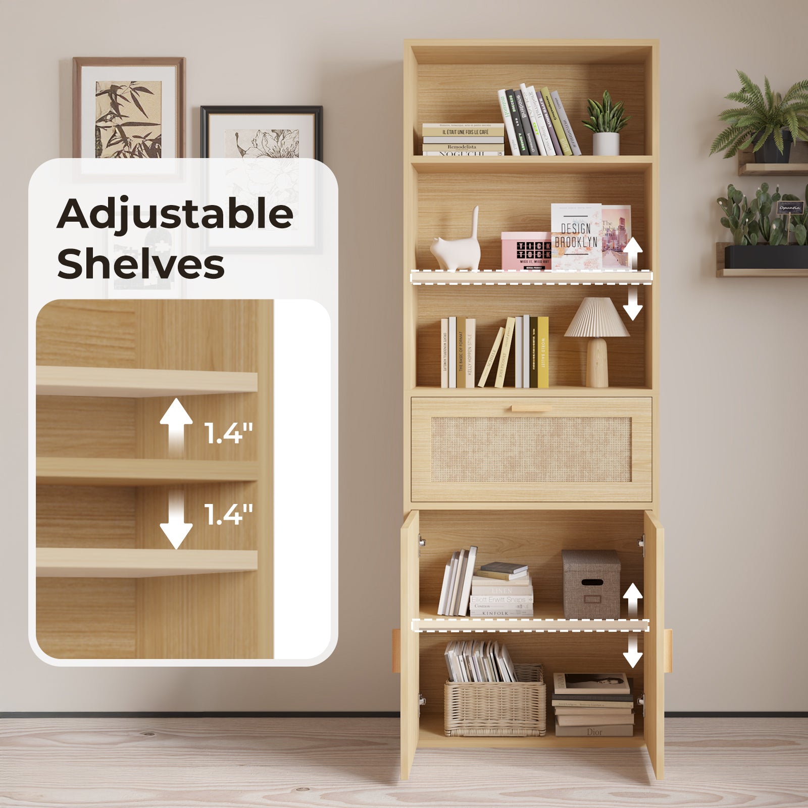 HAOYYE 3-Layer 1-Drawer Display Cabinet, Double Door Rattan Surface, Triamcinol Board, Original Wood Color, Soft Cozy Flannel Fleece, Modern Home Decor, Luxury Storage Cabinet, Unique Design For Living Room, Bedroom, Or Office