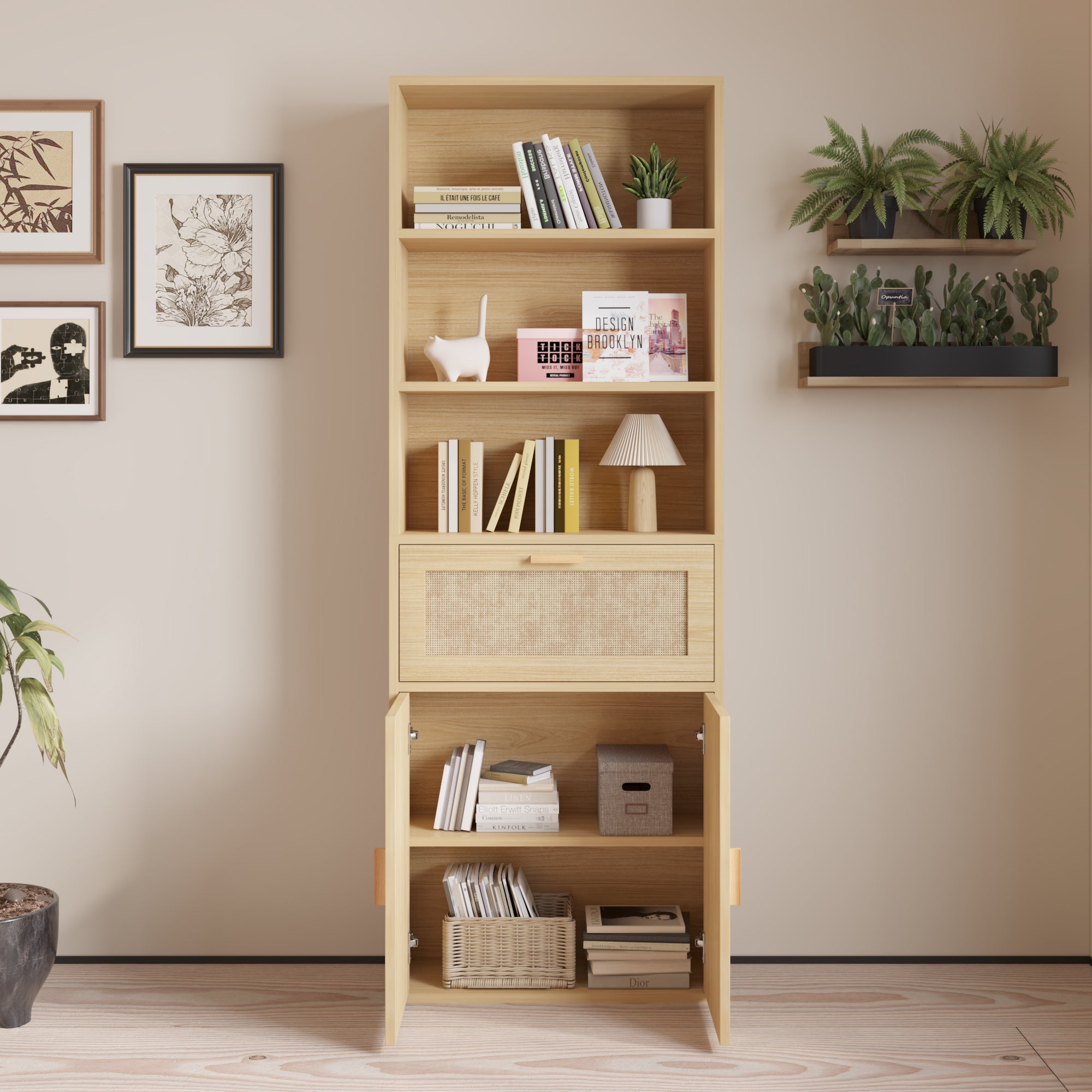 HAOYYE 3-Layer 1-Drawer Display Cabinet, Double Door Rattan Surface, Triamcinol Board, Original Wood Color, Soft Cozy Flannel Fleece, Modern Home Decor, Luxury Storage Cabinet, Unique Design For Living Room, Bedroom, Or Office