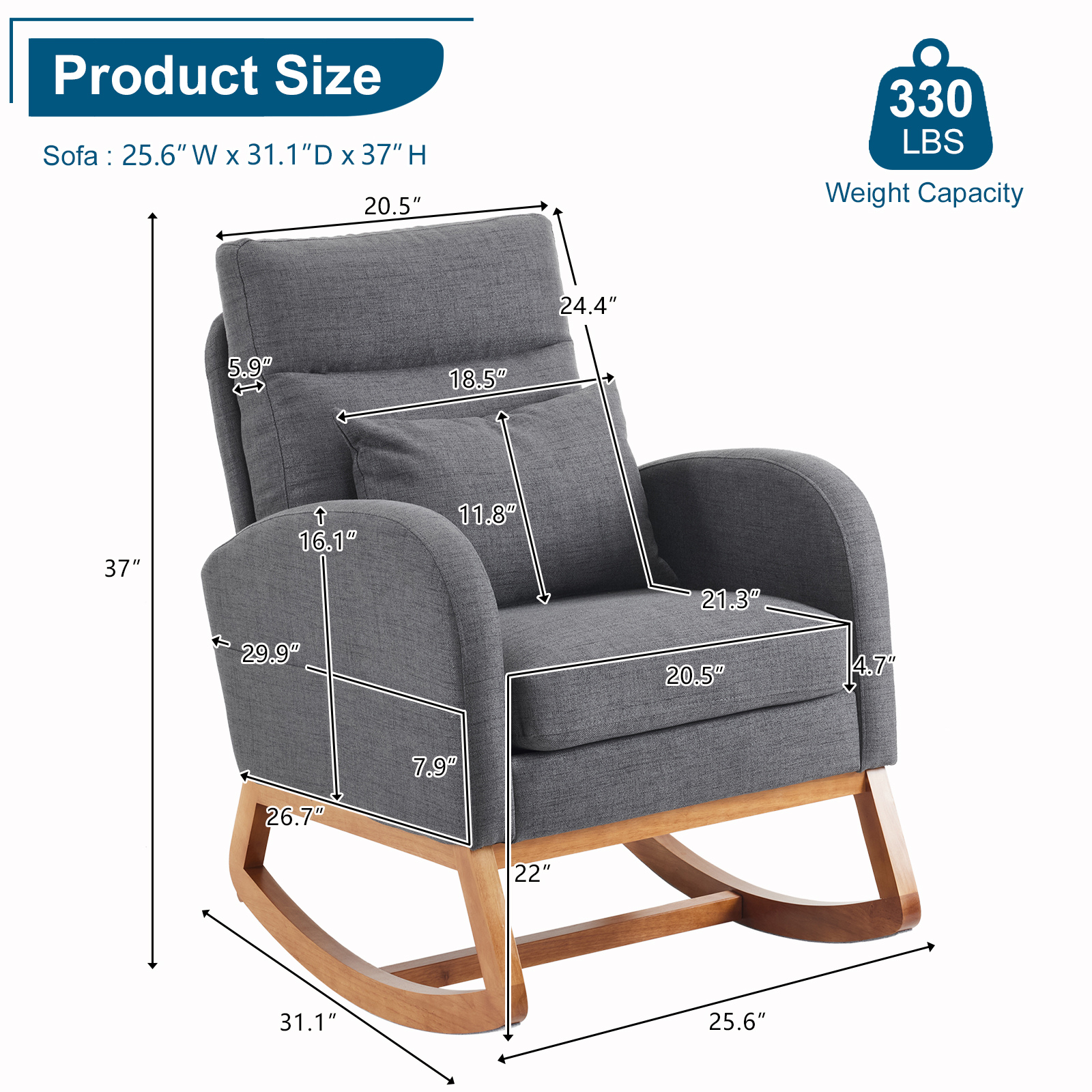 HAOYYE Grey Linen Rocking Chair Nursery With Thick Headrest, Upholstered Mid-Century Modern Glider Rocker, Comfortable Nursing Chair For Baby Room, Bedroom, Living Room, Sturdy Wood Base, Easy Assembly