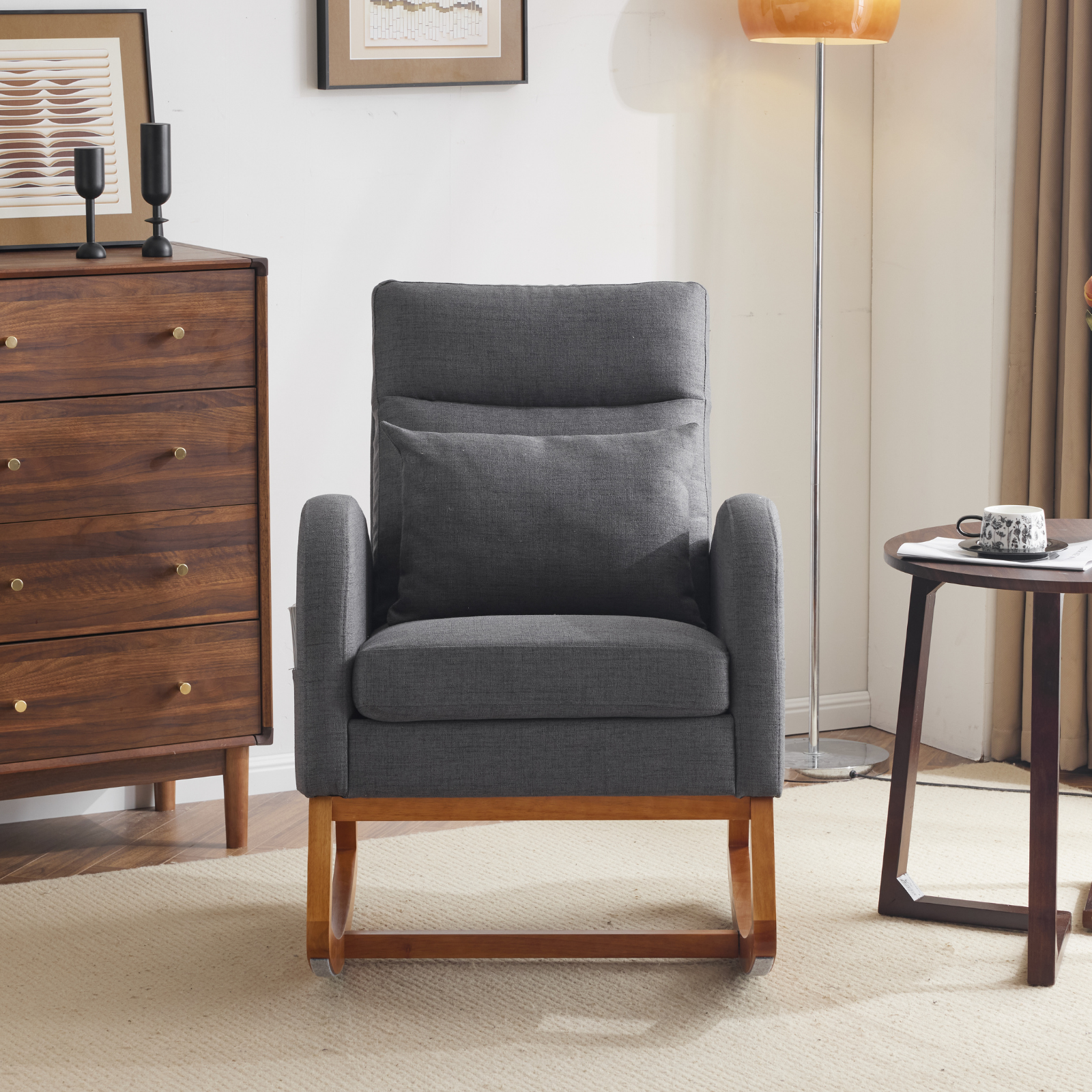 HAOYYE Grey Linen Rocking Chair Nursery With Thick Headrest, Upholstered Mid-Century Modern Glider Rocker, Comfortable Nursing Chair For Baby Room, Bedroom, Living Room, Sturdy Wood Base, Easy Assembly