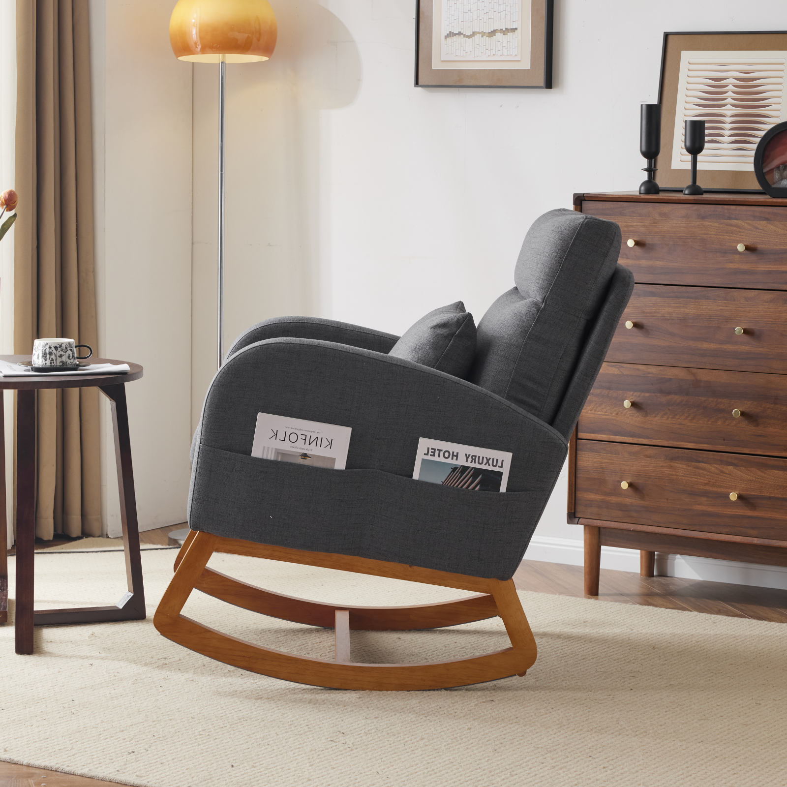 HAOYYE Grey Linen Rocking Chair Nursery With Thick Headrest, Upholstered Mid-Century Modern Glider Rocker, Comfortable Nursing Chair For Baby Room, Bedroom, Living Room, Sturdy Wood Base, Easy Assembly