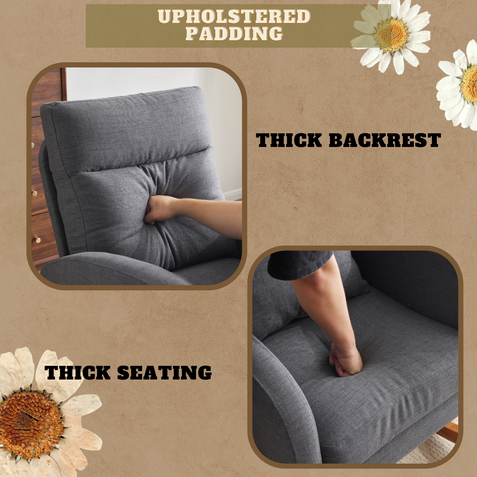 HAOYYE Grey Linen Rocking Chair Nursery With Thick Headrest, Upholstered Mid-Century Modern Glider Rocker, Comfortable Nursing Chair For Baby Room, Bedroom, Living Room, Sturdy Wood Base, Easy Assembly