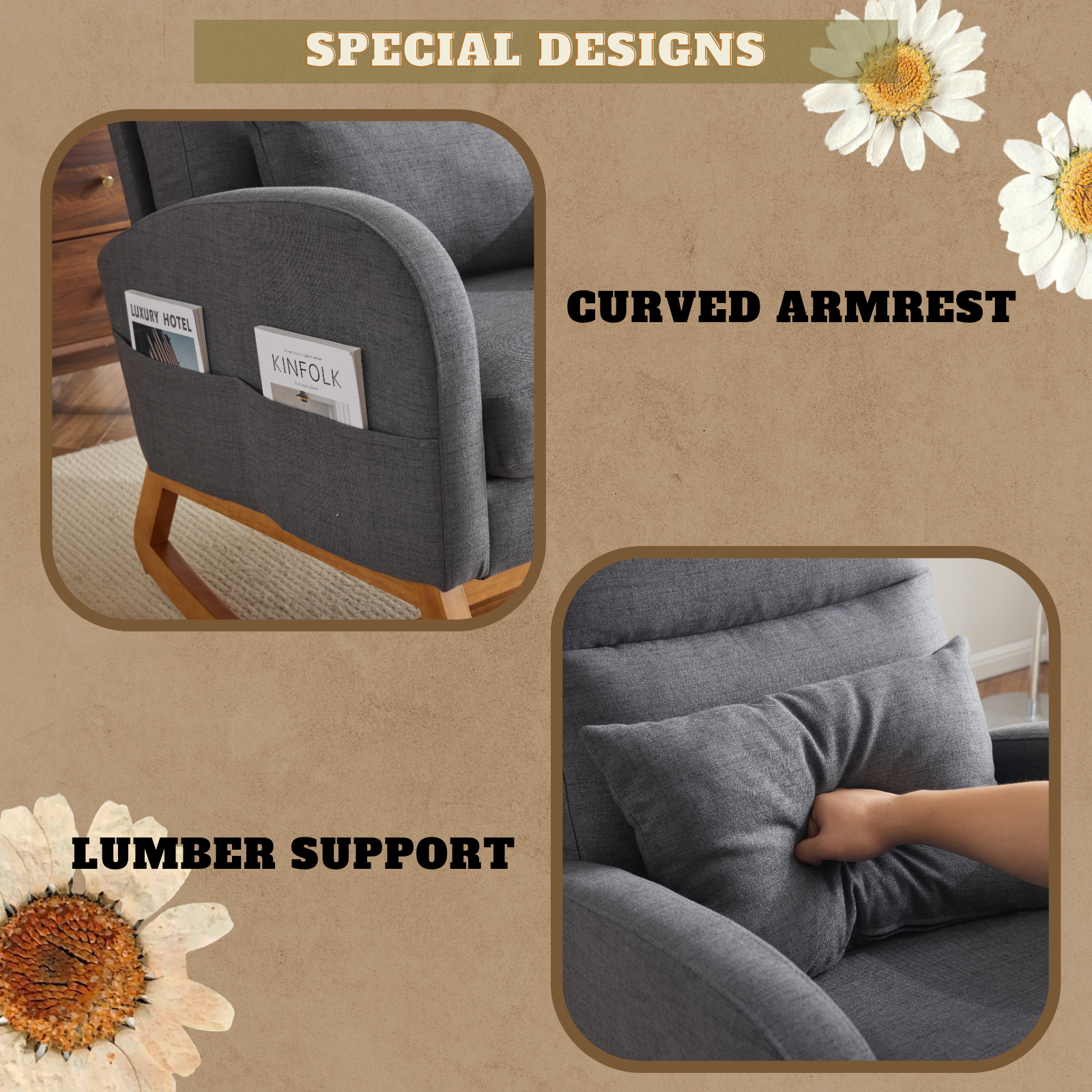 HAOYYE Grey Linen Rocking Chair Nursery With Thick Headrest, Upholstered Mid-Century Modern Glider Rocker, Comfortable Nursing Chair For Baby Room, Bedroom, Living Room, Sturdy Wood Base, Easy Assembly