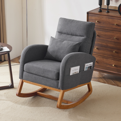 HAOYYE Grey Linen Rocking Chair Nursery With Thick Headrest, Upholstered Mid-Century Modern Glider Rocker, Comfortable Nursing Chair For Baby Room, Bedroom, Living Room, Sturdy Wood Base, Easy Assembly