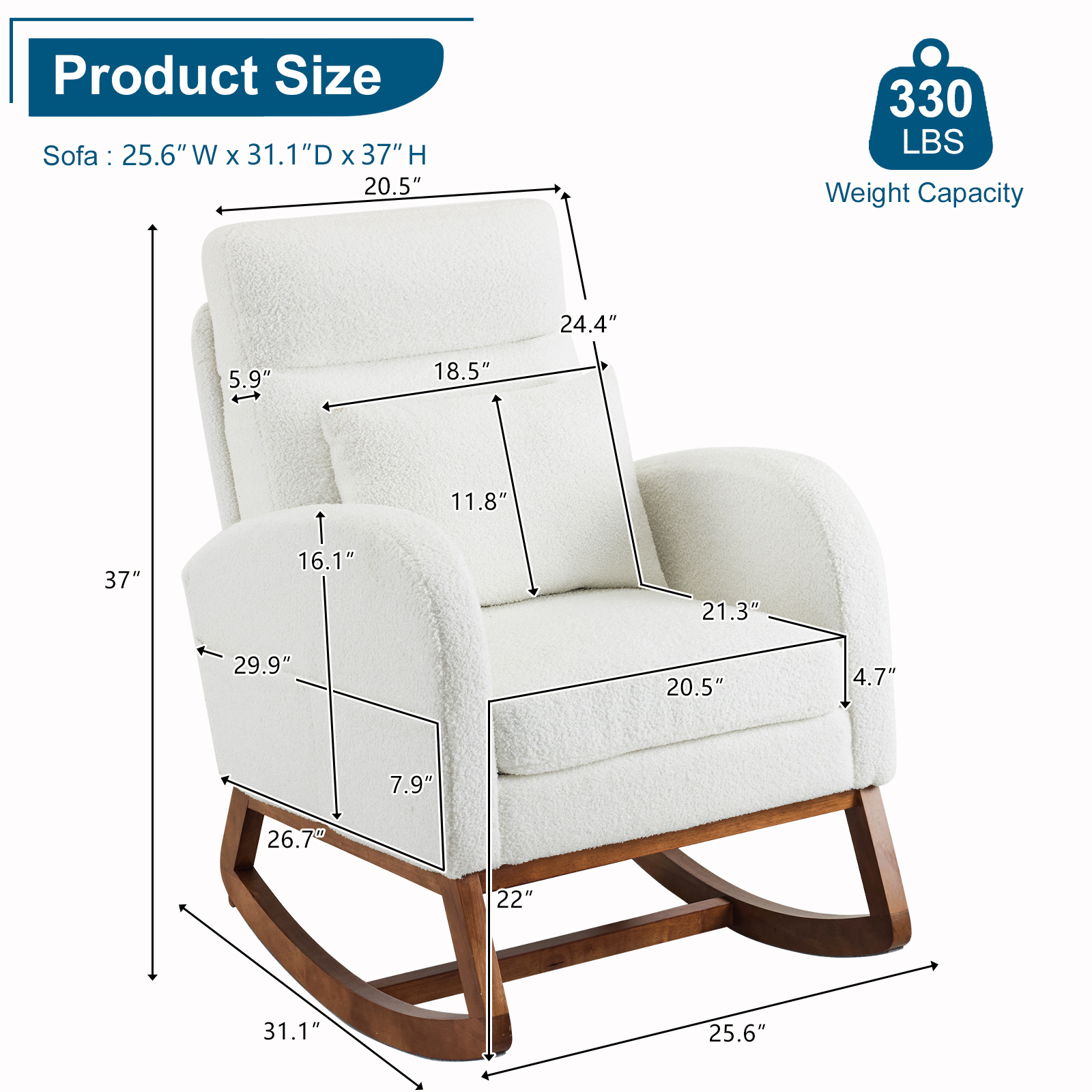 HAOYYE White Teddy Fleece Rocking Chair, Mid-Century Modern Upholstered Glider with Curved Armrests and Thick Headrest, Sturdy Solid Wood Base, Perfect for Living Room and Bedroom Decor