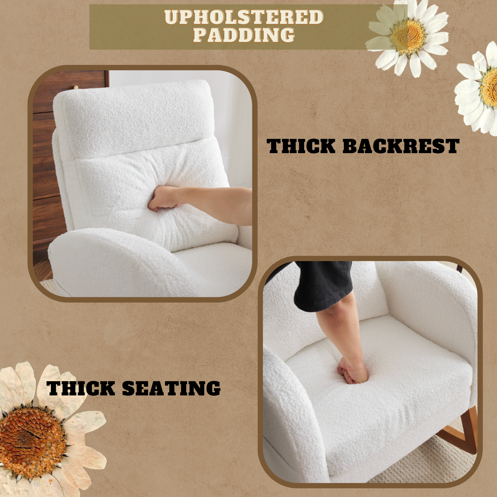 HAOYYE White Teddy Fleece Rocking Chair, Mid-Century Modern Upholstered Glider with Curved Armrests and Thick Headrest, Sturdy Solid Wood Base, Perfect for Living Room and Bedroom Decor