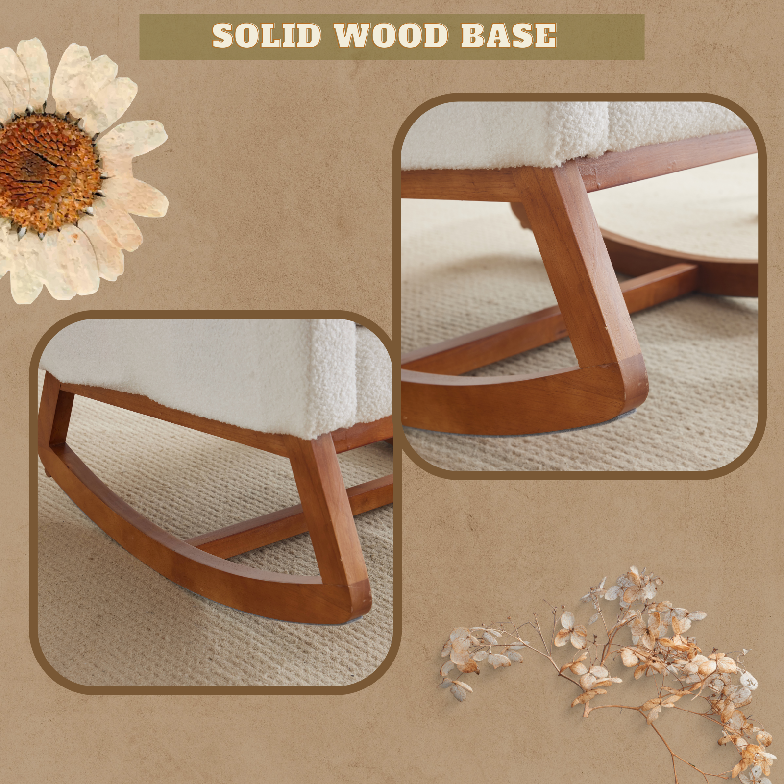 HAOYYE White Teddy Fleece Rocking Chair, Mid-Century Modern Upholstered Glider with Curved Armrests and Thick Headrest, Sturdy Solid Wood Base, Perfect for Living Room and Bedroom Decor