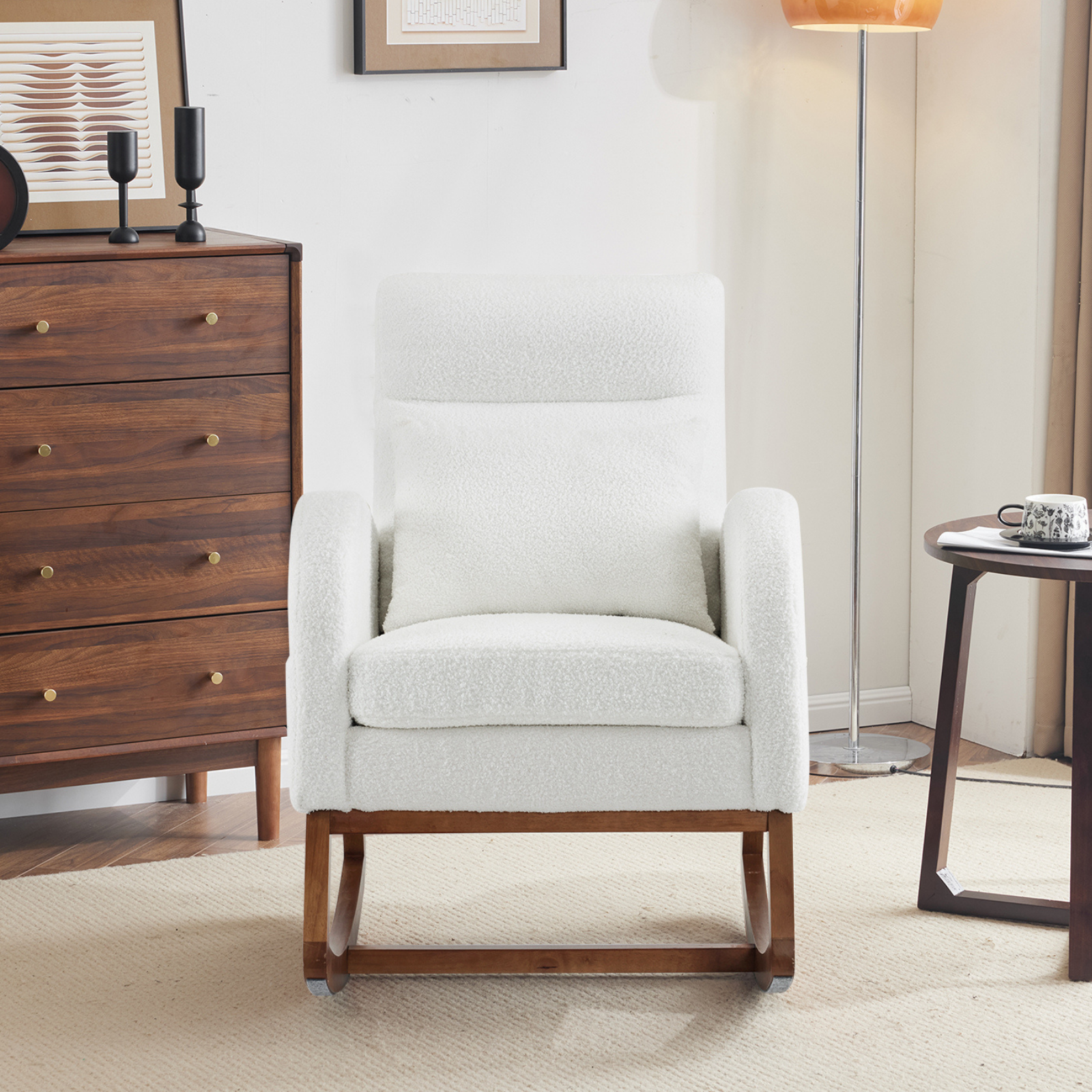 HAOYYE White Teddy Fleece Rocking Chair, Mid-Century Modern Upholstered Glider with Curved Armrests and Thick Headrest, Sturdy Solid Wood Base, Perfect for Living Room and Bedroom Decor