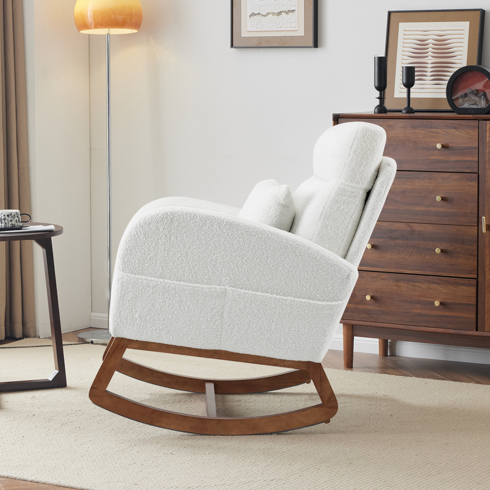 HAOYYE White Teddy Fleece Rocking Chair, Mid-Century Modern Upholstered Glider with Curved Armrests and Thick Headrest, Sturdy Solid Wood Base, Perfect for Living Room and Bedroom Decor
