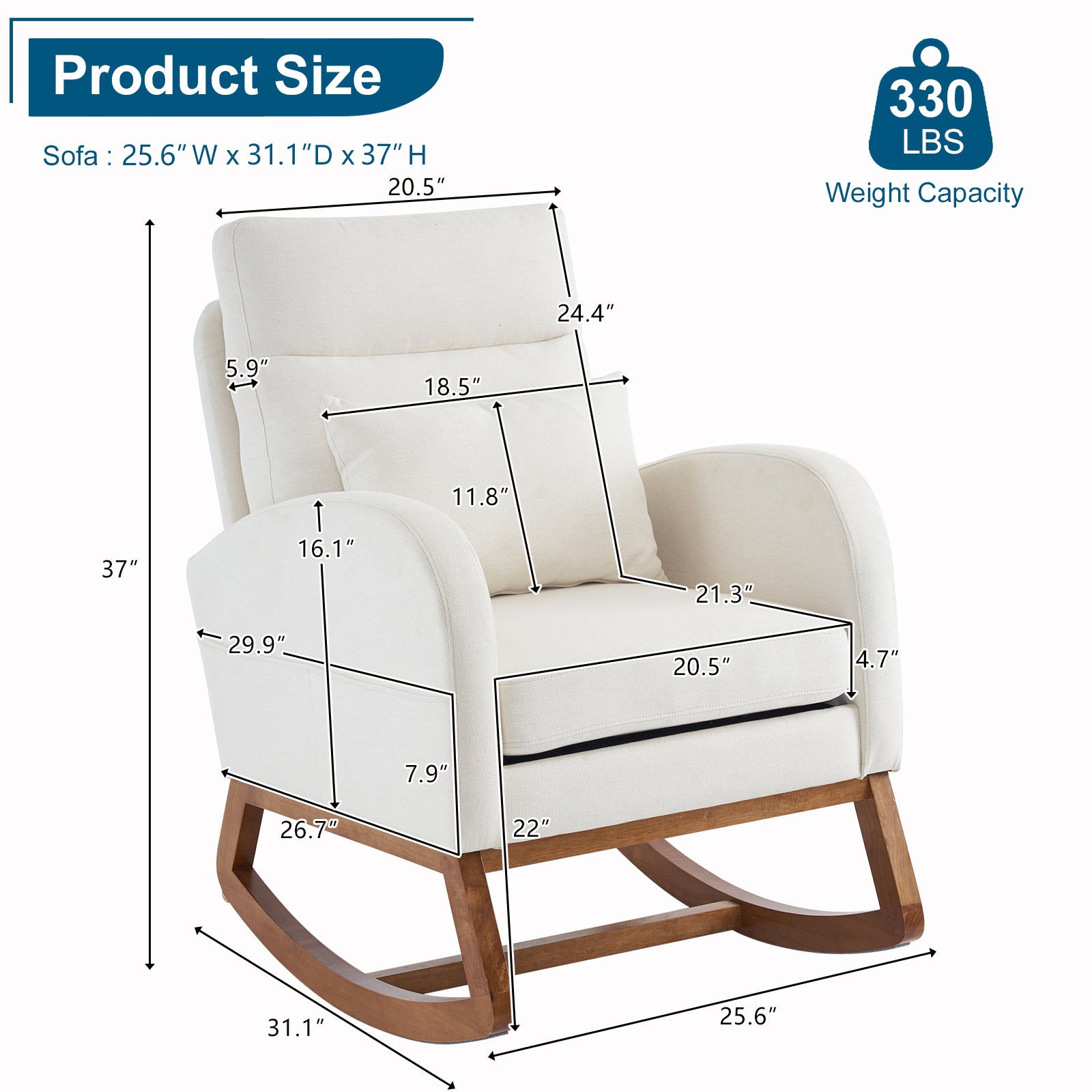 HAOYYE Beige Linen Nursery Rocking Chair With Thick Headrest, Mid-Century Modern Upholstered Glider, Comfortable Nursing Rocker, Curved Armrest, Solid Wood Base, Baby Room Rocking Chair, Living Room Recliner