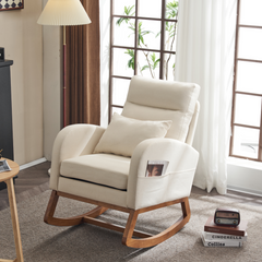 HAOYYE Beige Linen Nursery Rocking Chair With Thick Headrest, Mid-Century Modern Upholstered Glider, Comfortable Nursing Rocker, Curved Armrest, Solid Wood Base, Baby Room Rocking Chair, Living Room Recliner
