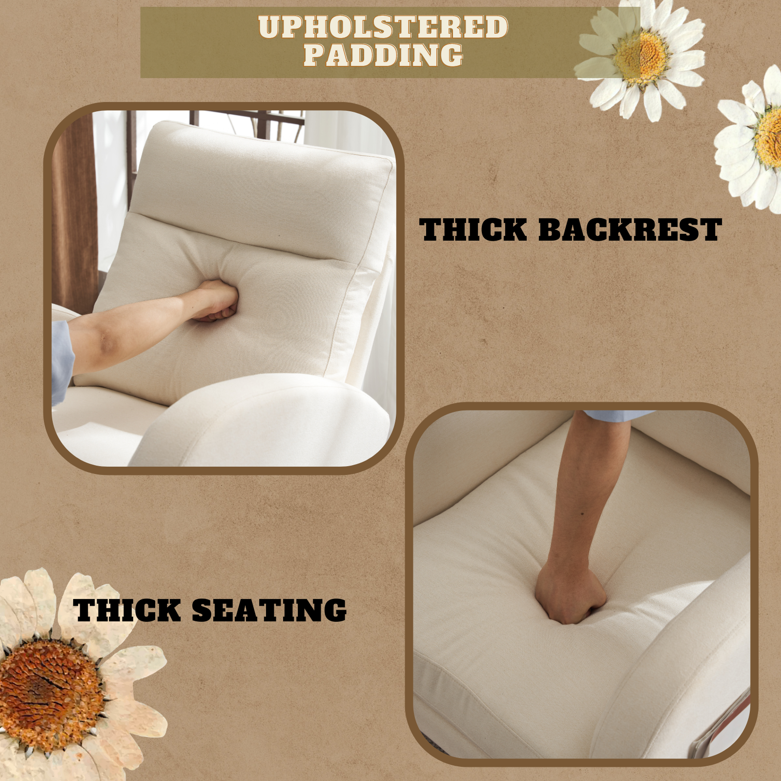 HAOYYE Beige Linen Nursery Rocking Chair With Thick Headrest, Mid-Century Modern Upholstered Glider, Comfortable Nursing Rocker, Curved Armrest, Solid Wood Base, Baby Room Rocking Chair, Living Room Recliner