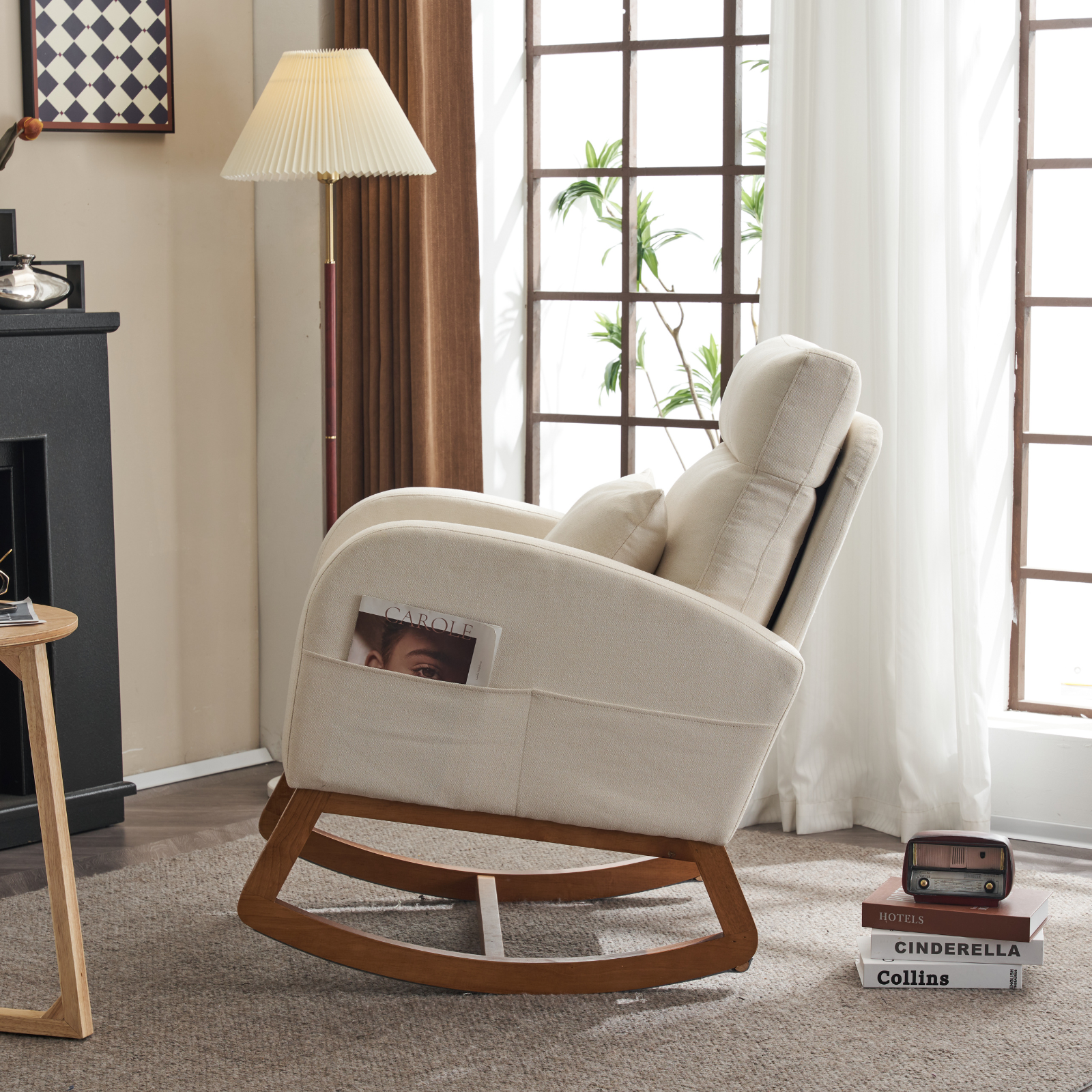 HAOYYE Beige Linen Nursery Rocking Chair With Thick Headrest, Mid-Century Modern Upholstered Glider, Comfortable Nursing Rocker, Curved Armrest, Solid Wood Base, Baby Room Rocking Chair, Living Room Recliner