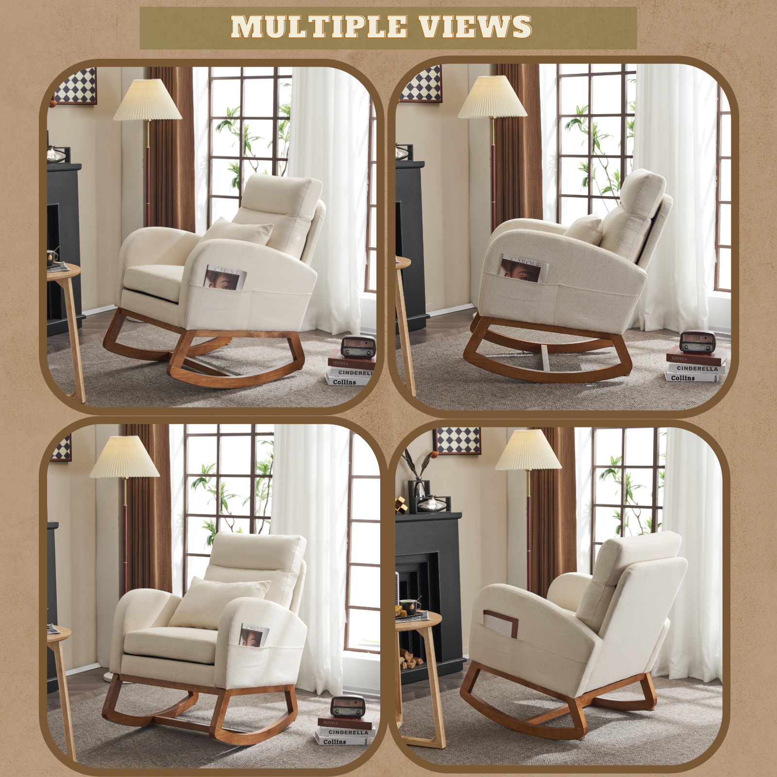 HAOYYE Beige Linen Nursery Rocking Chair With Thick Headrest, Mid-Century Modern Upholstered Glider, Comfortable Nursing Rocker, Curved Armrest, Solid Wood Base, Baby Room Rocking Chair, Living Room Recliner