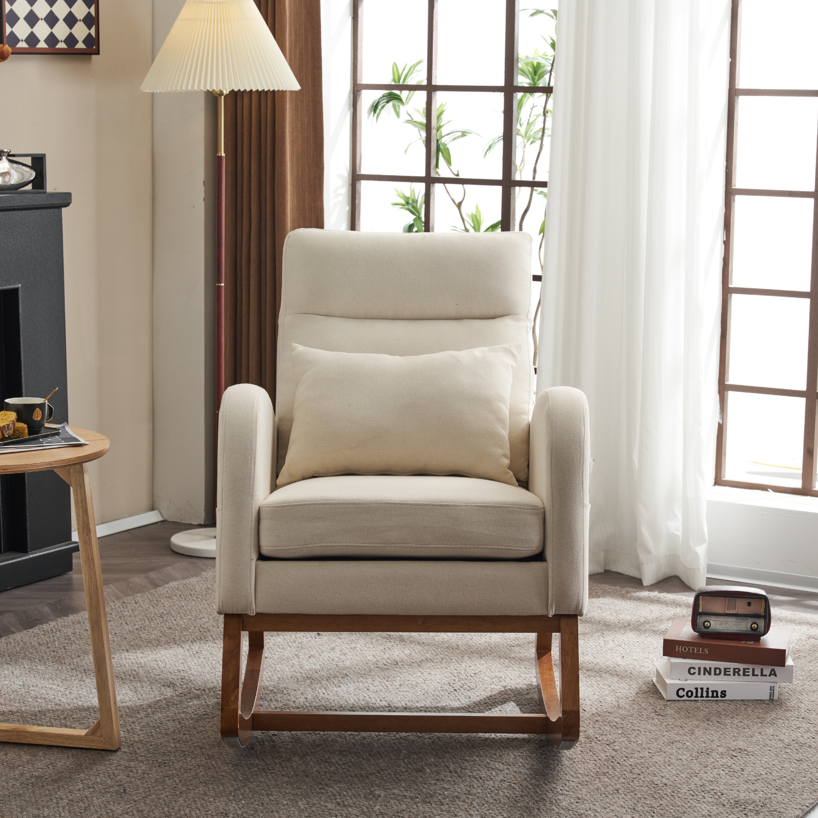 HAOYYE Beige Linen Nursery Rocking Chair With Thick Headrest, Mid-Century Modern Upholstered Glider, Comfortable Nursing Rocker, Curved Armrest, Solid Wood Base, Baby Room Rocking Chair, Living Room Recliner