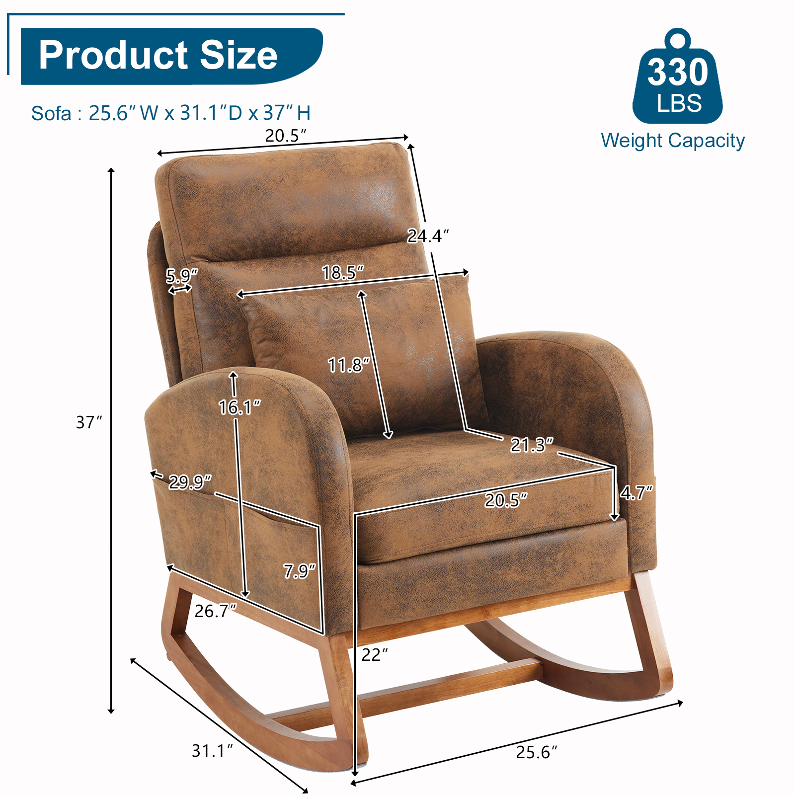 HAOYYE Rustic Microfiber Rocking Chair, Mid-Century Modern Upholstered Glider with Curved Armrests and Headrest, Sturdy Solid Wood Base for Living Room and Bedroom Decor