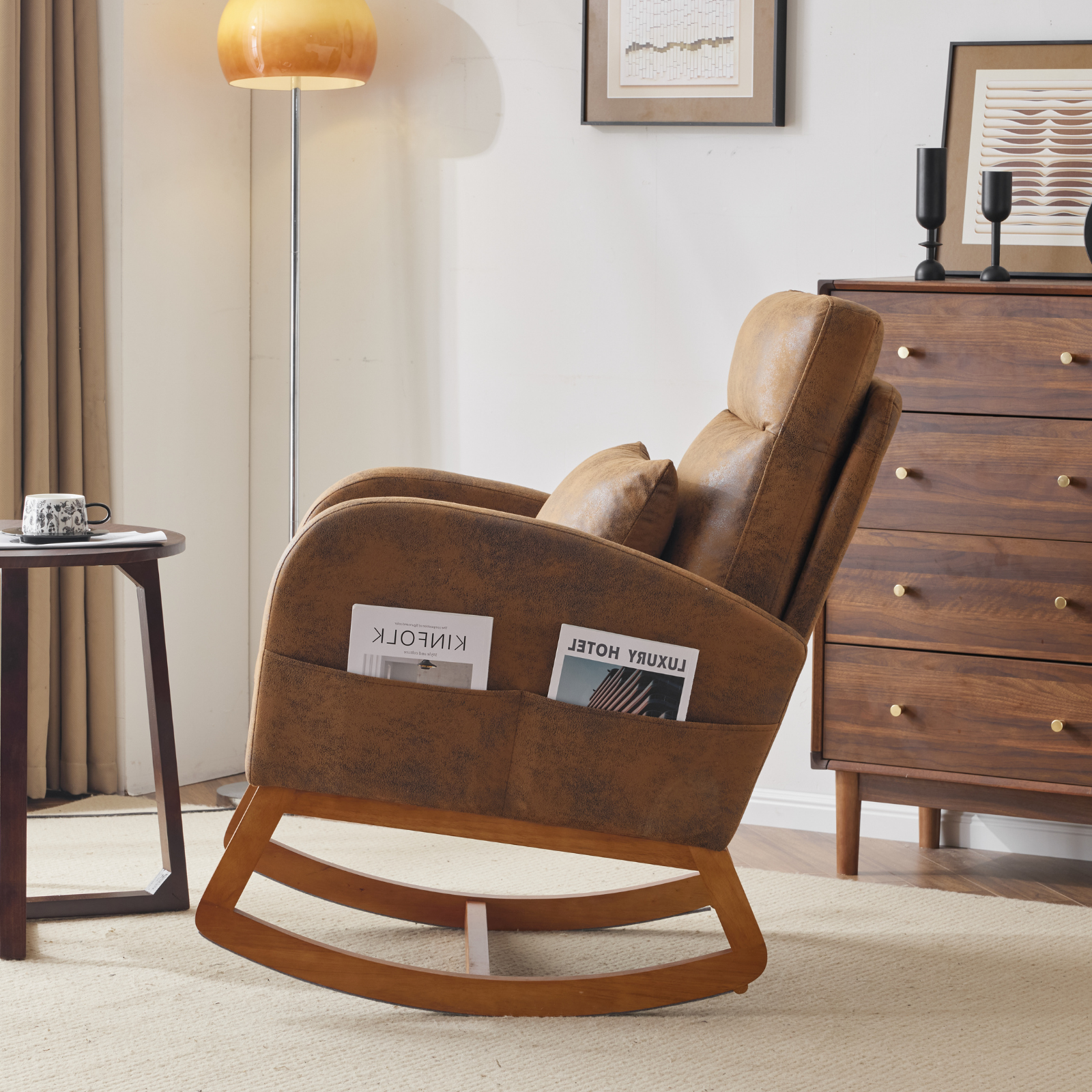 HAOYYE Rustic Microfiber Rocking Chair, Mid-Century Modern Upholstered Glider with Curved Armrests and Headrest, Sturdy Solid Wood Base for Living Room and Bedroom Decor