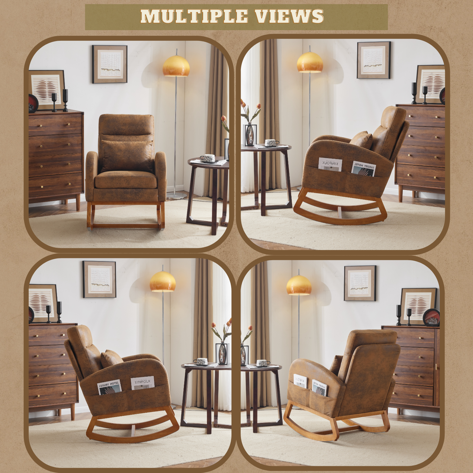 HAOYYE Rustic Microfiber Rocking Chair, Mid-Century Modern Upholstered Glider with Curved Armrests and Headrest, Sturdy Solid Wood Base for Living Room and Bedroom Decor
