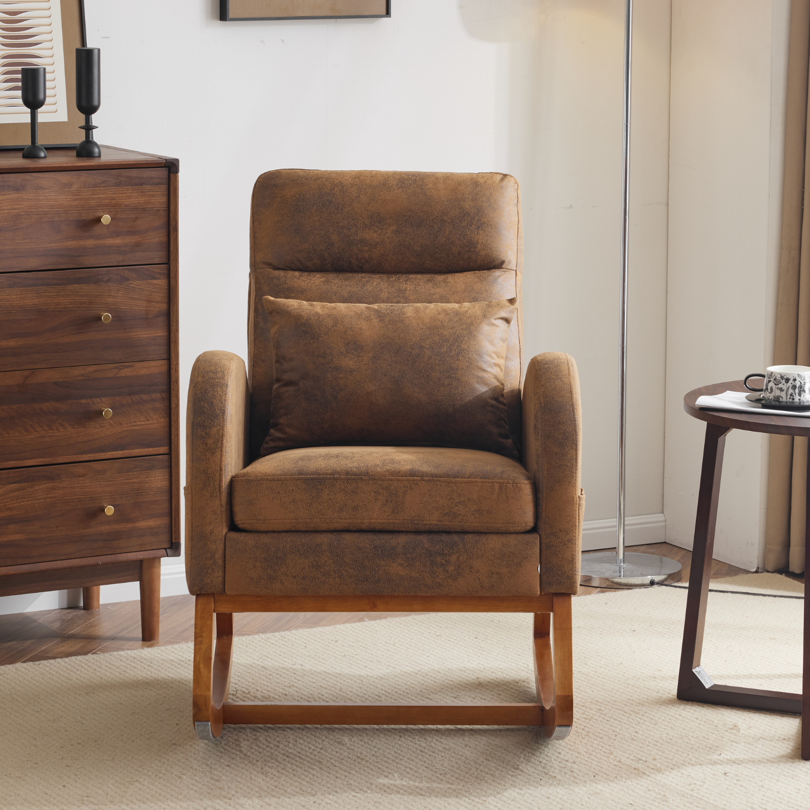 HAOYYE Rustic Microfiber Rocking Chair, Mid-Century Modern Upholstered Glider with Curved Armrests and Headrest, Sturdy Solid Wood Base for Living Room and Bedroom Decor