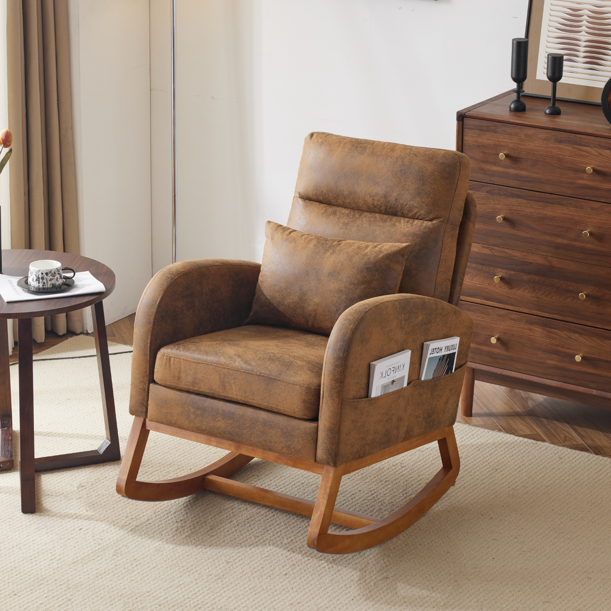 HAOYYE Rustic Microfiber Rocking Chair, Mid-Century Modern Upholstered Glider with Curved Armrests and Headrest, Sturdy Solid Wood Base for Living Room and Bedroom Decor